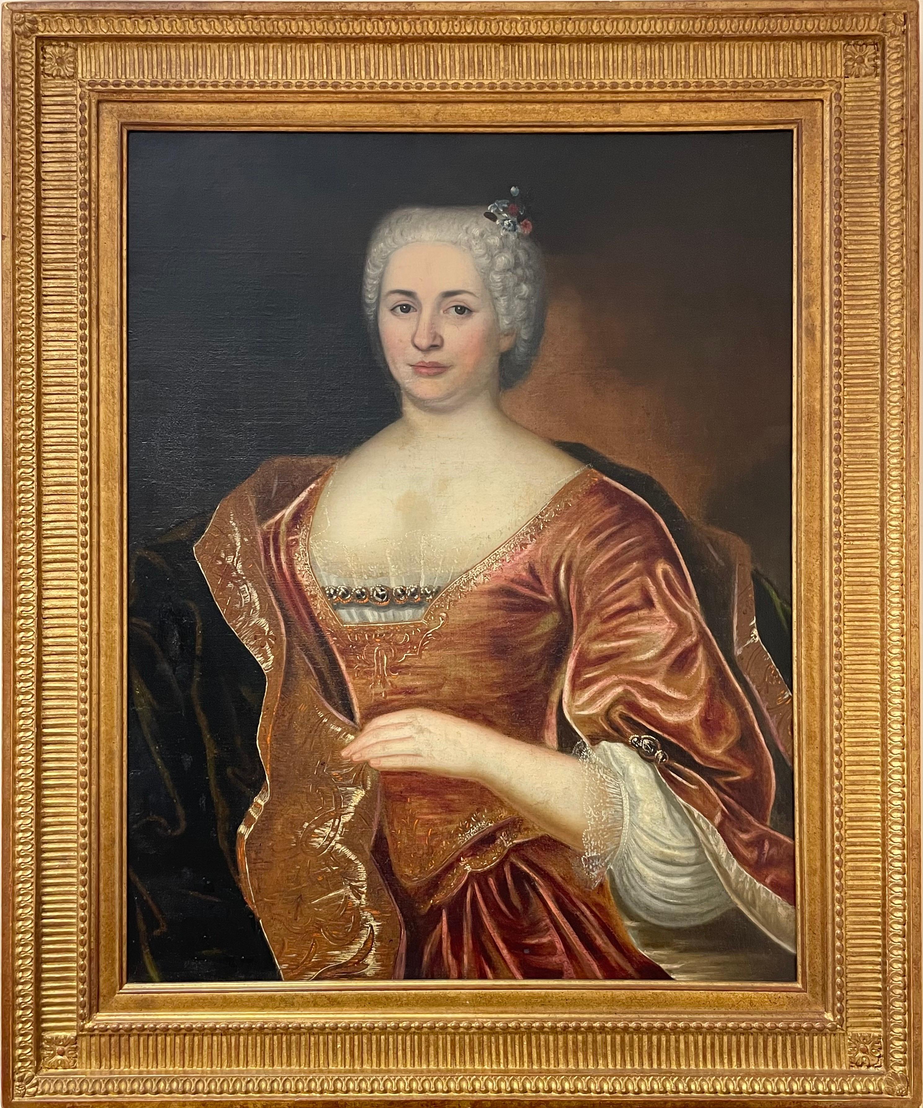 1700's French Master Figurative Painting - Fine 1700's French Old Master Oil Portrait of Aristocratic Lady in Silk Dress