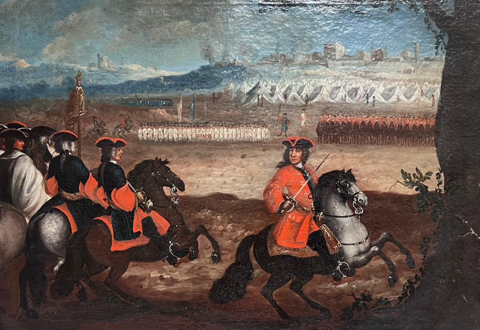 1700's French Old Master Landscape Painting - 18th Century Cavalry Military Battle Encampment Soldiers on Horseback French Oil
