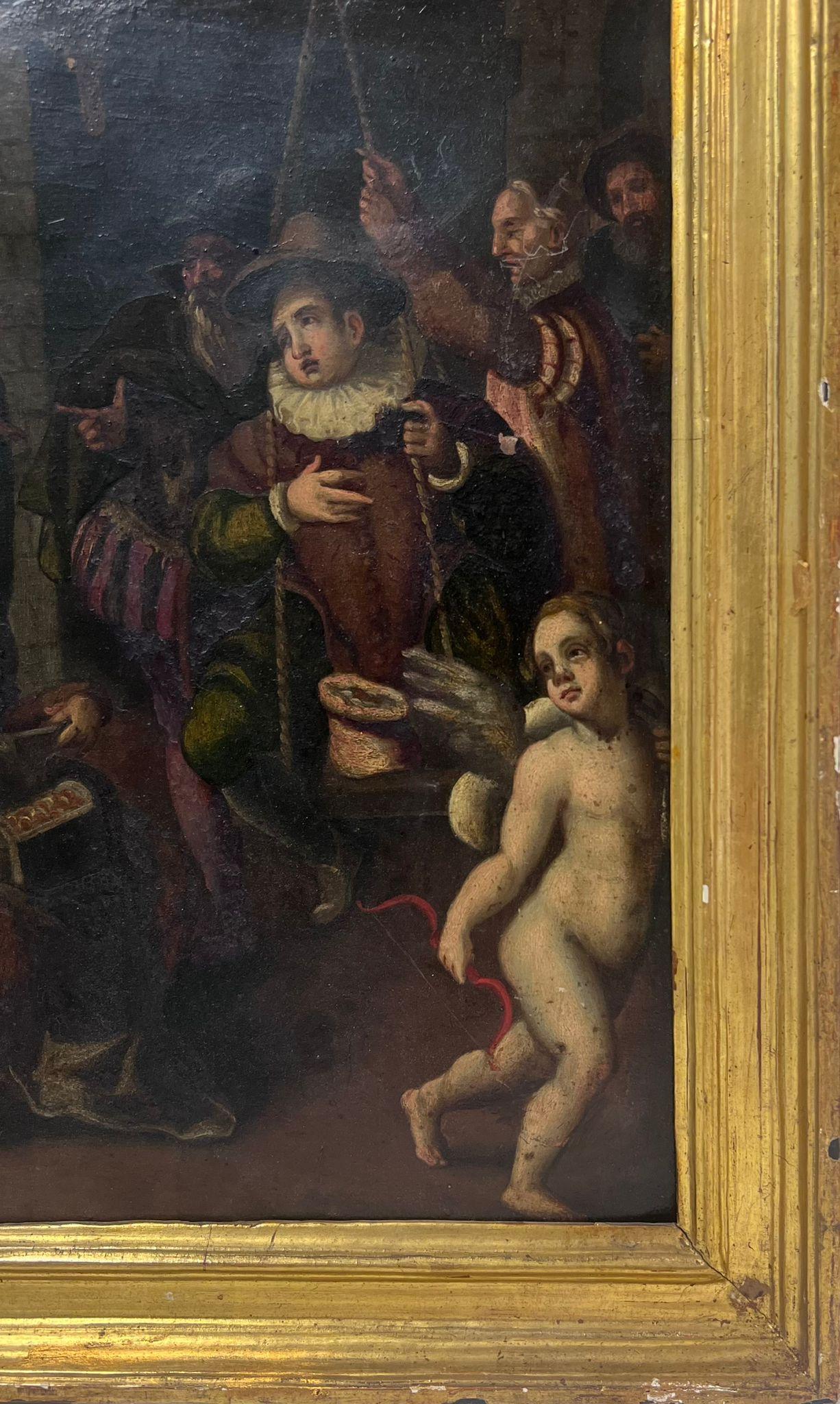 Les collectionneurs de taxes italiens des années 1700, peinture à l'huile sur cuivre dans un cadre doré - Maîtres anciens Painting par 1700's Italian Old Master
