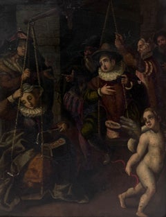 Los recaudadores de impuestos Pintura al óleo italiana de 1700 sobre cobre en marco dorado