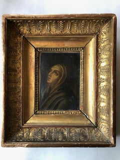 1700s Oil on Canvas Painting with Carved Wood Gilded Frame, Praying Woman/Saint