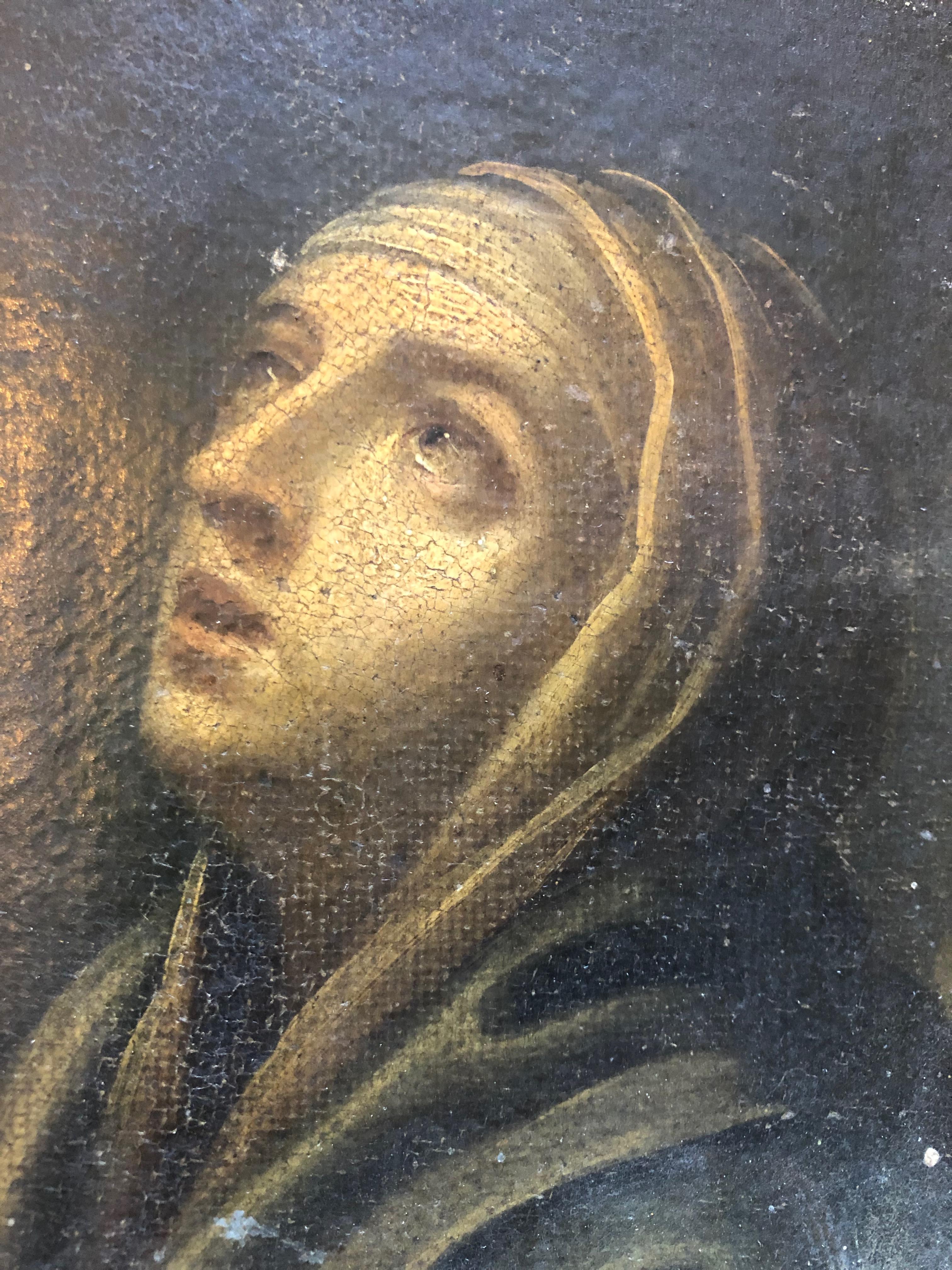 French 1700s Oil on Canvas Painting with Carved Wood Gilded Frame, Praying Woman/Saint For Sale