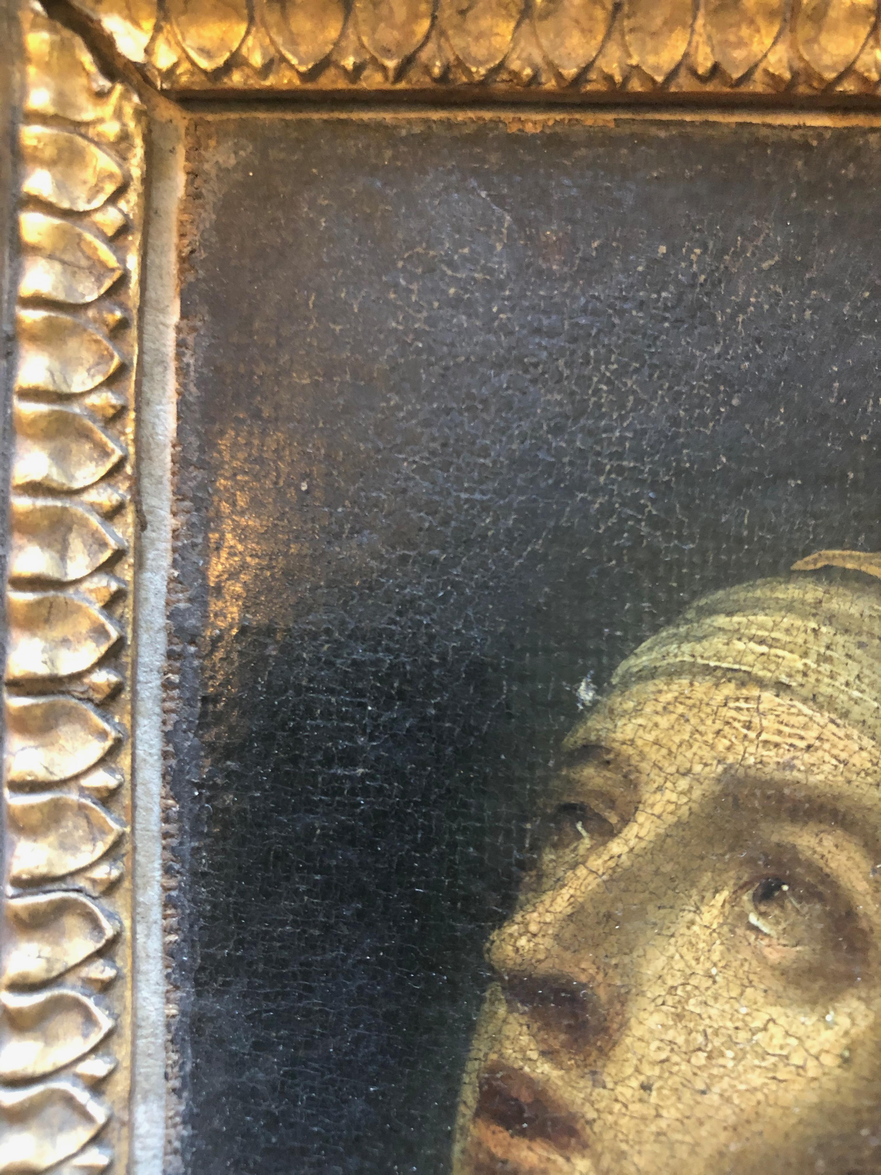 1700s Oil on Canvas Painting with Carved Wood Gilded Frame, Praying Woman/Saint In Fair Condition For Sale In Petaluma, CA