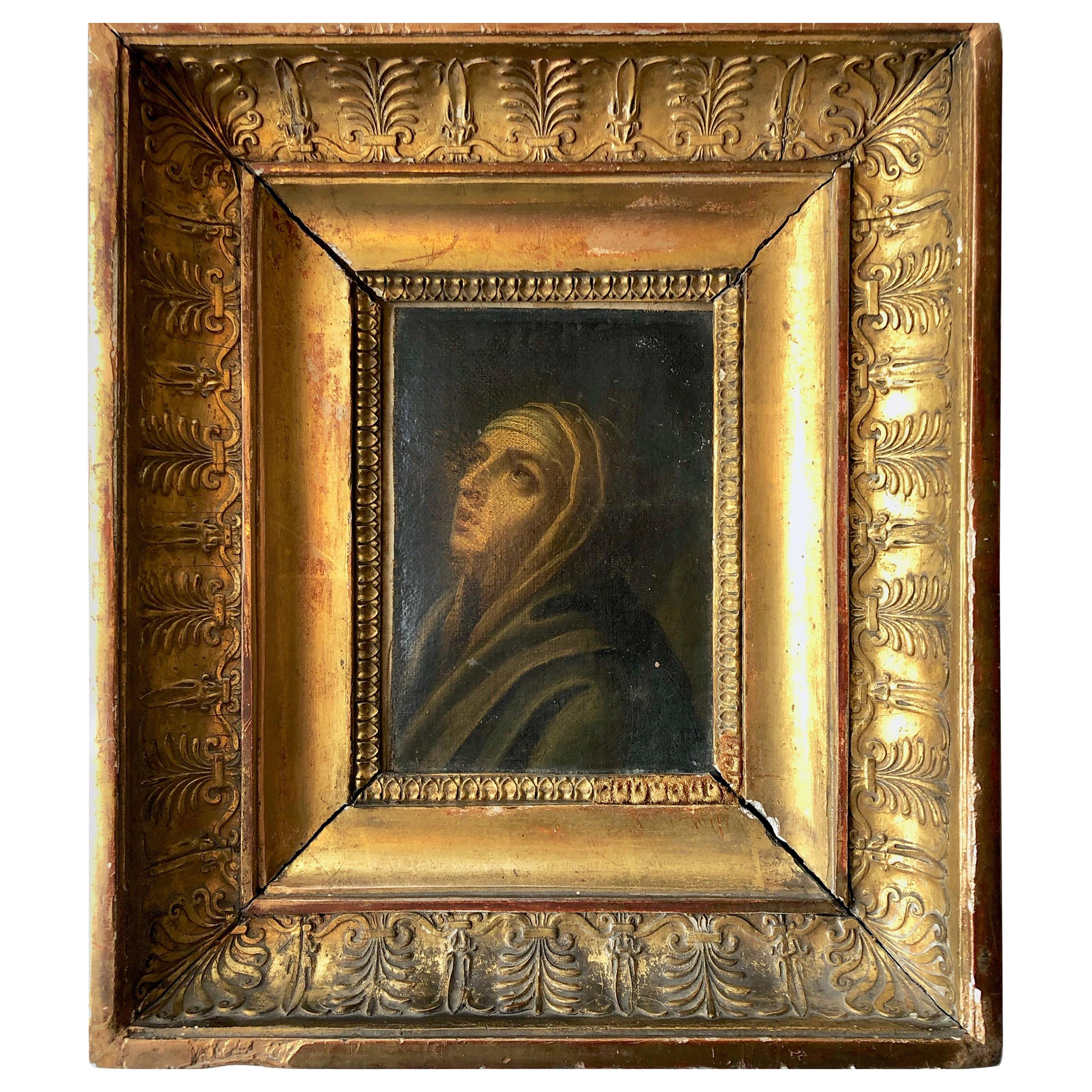 1700s Oil on Canvas Painting with Carved Wood Gilded Frame, Praying Woman/Saint For Sale