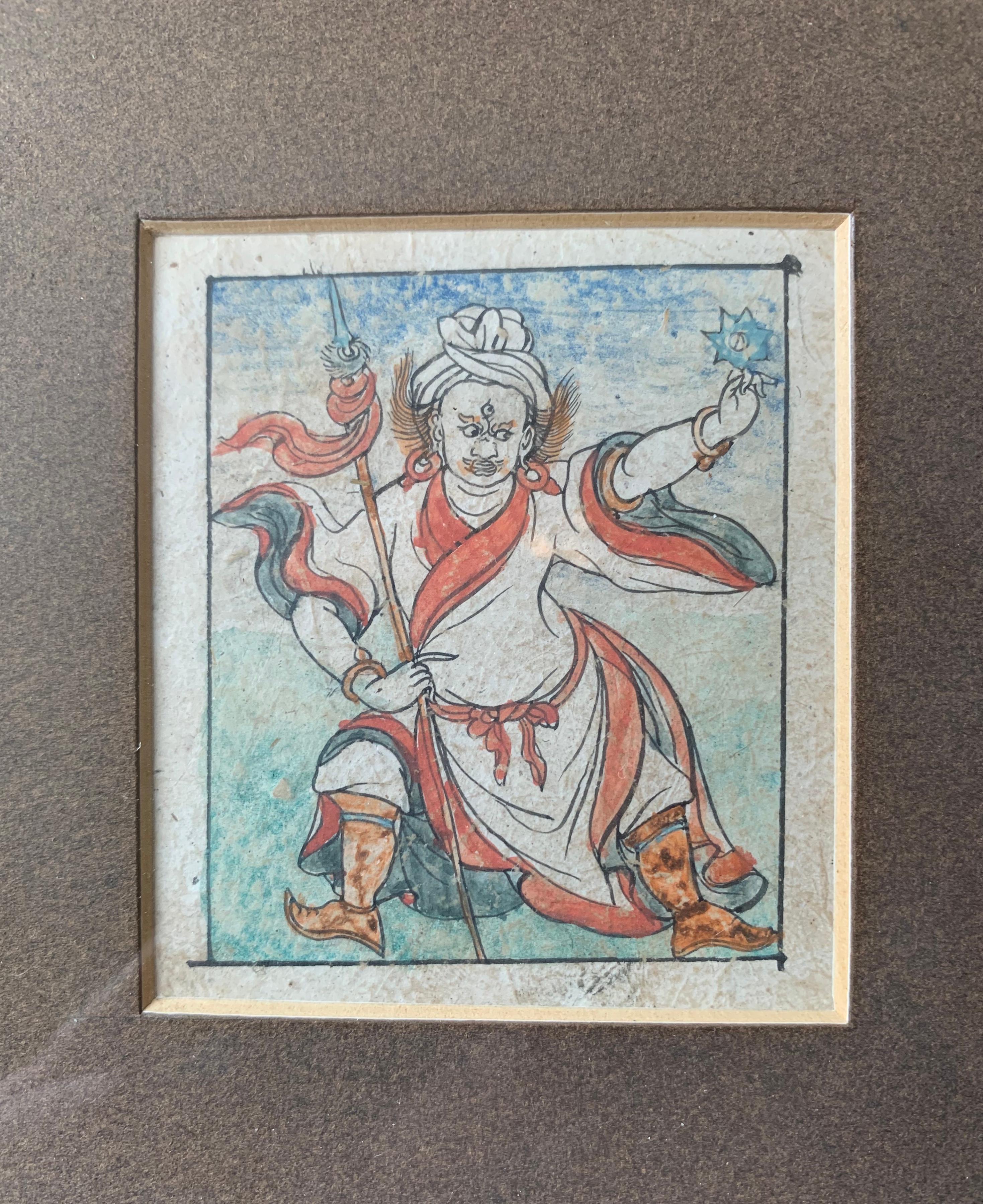 Artisan Encadré Tibet Sino Tibetan Hand Painted Buddhist Thangka Vaisravana des années 1700 en vente