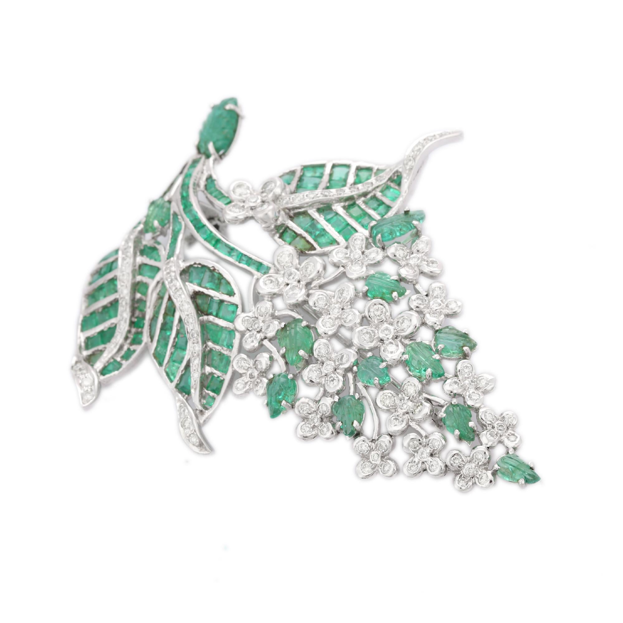 17.02 CT Emerald 2.51 CTW Diamond Flower Brooch Gift in 18k Solid White Gold in 18K white Gold which is a fusion of surrealism and pop-art, designed to make a bold statement. Crafted with love and attention to detail, this features 17.02 carats of