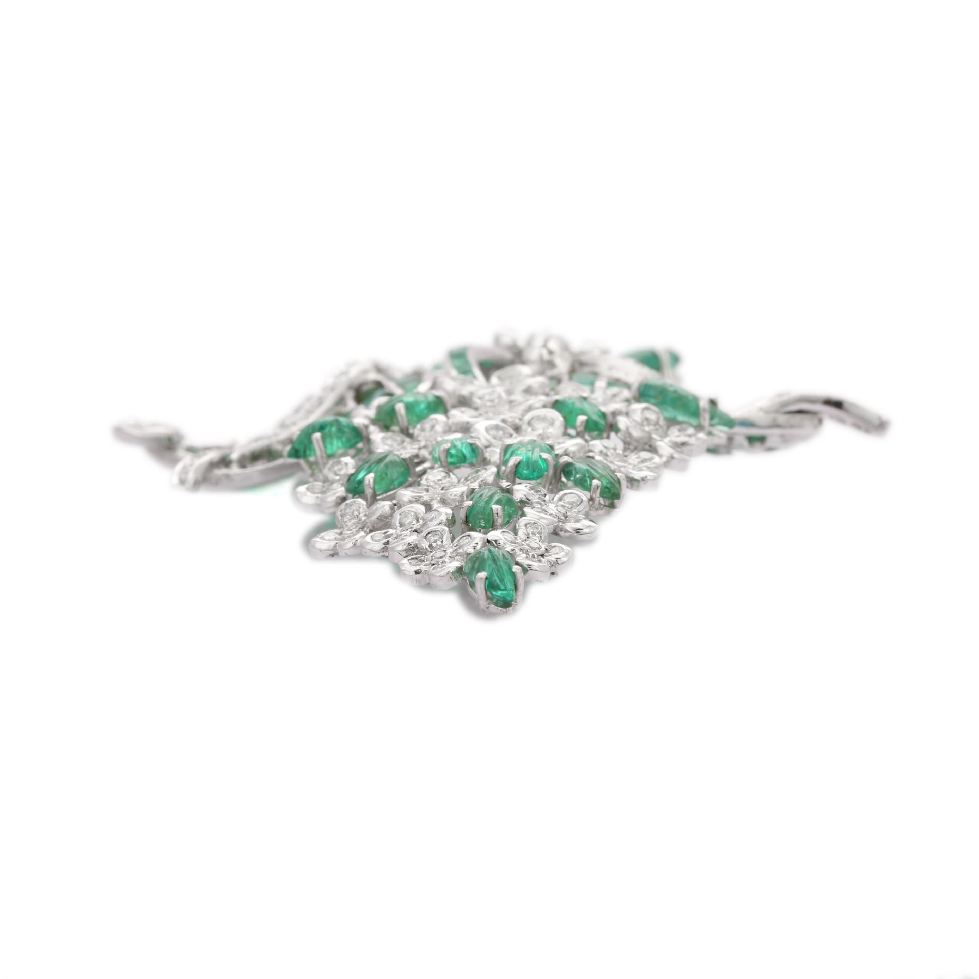 Art Deco 17.02 CT Emerald 2.51 CTW Diamond Flower Brooch Gift in 18k Solid White Gold For Sale