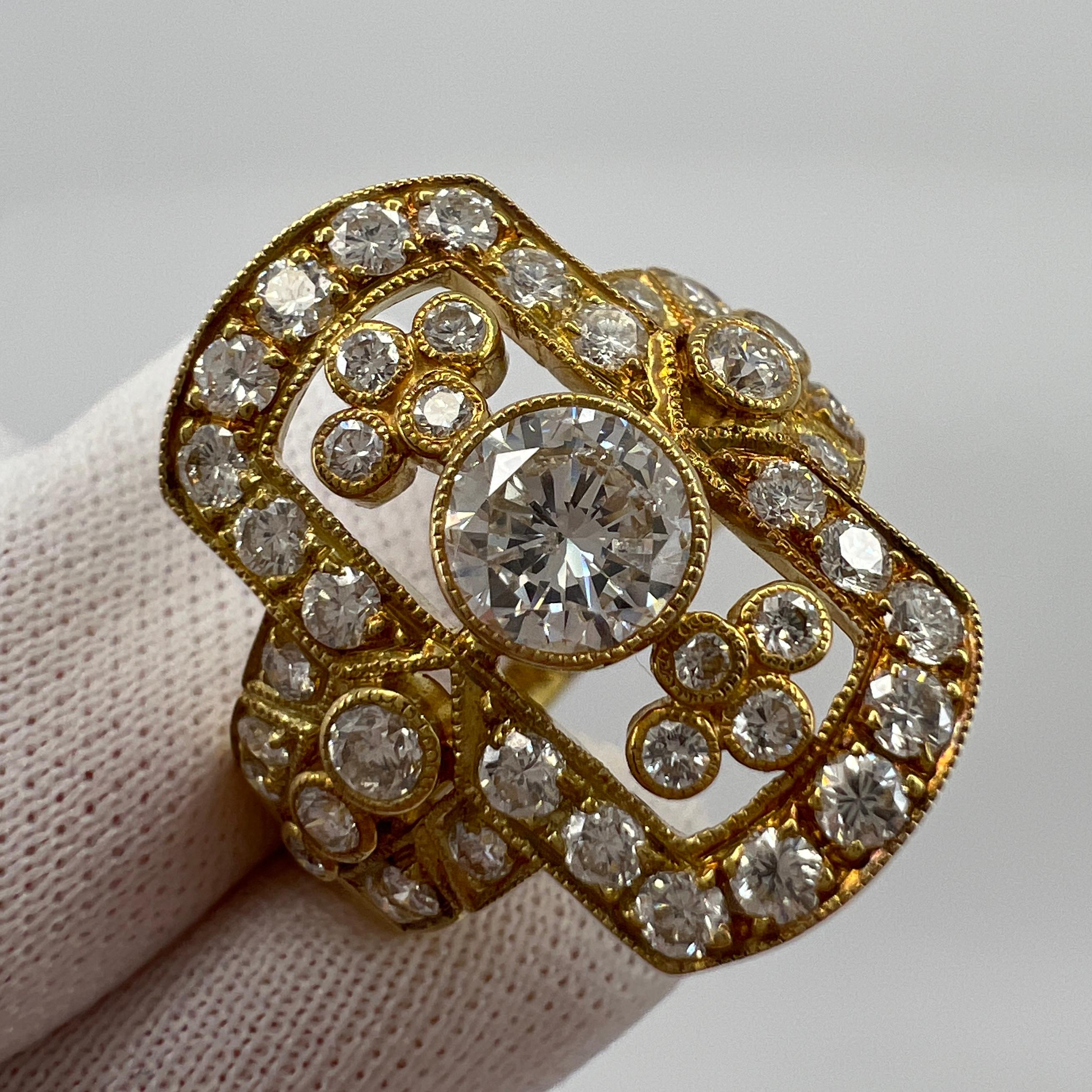 Round Cut 1.702ct Art Deco Vintage White Diamond Cluster Handmade 18k Yellow Gold Ring For Sale