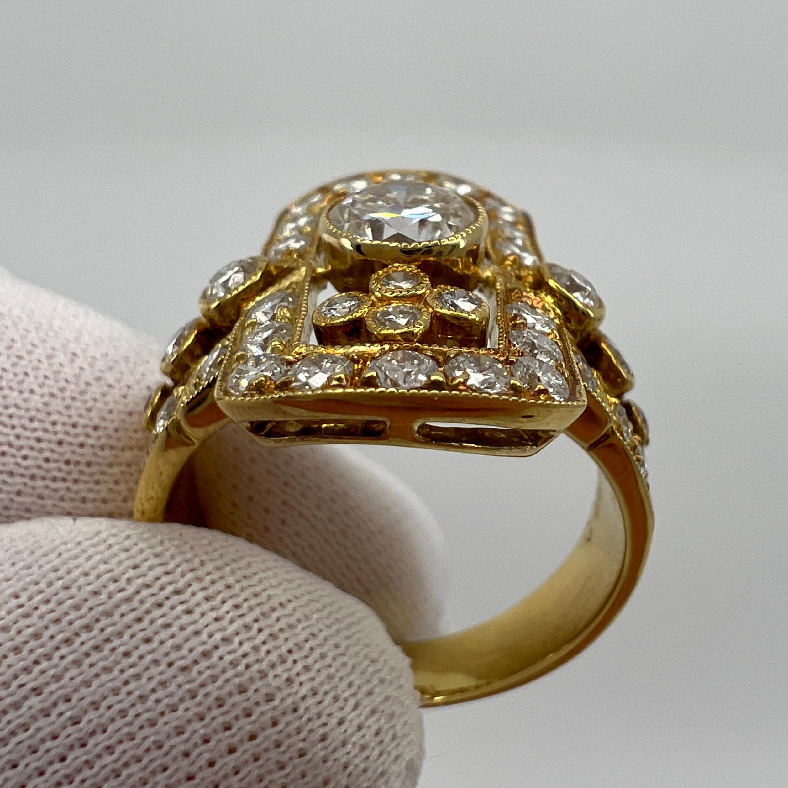 Women's or Men's 1.702ct Art Deco Vintage White Diamond Cluster Handmade 18k Yellow Gold Ring For Sale