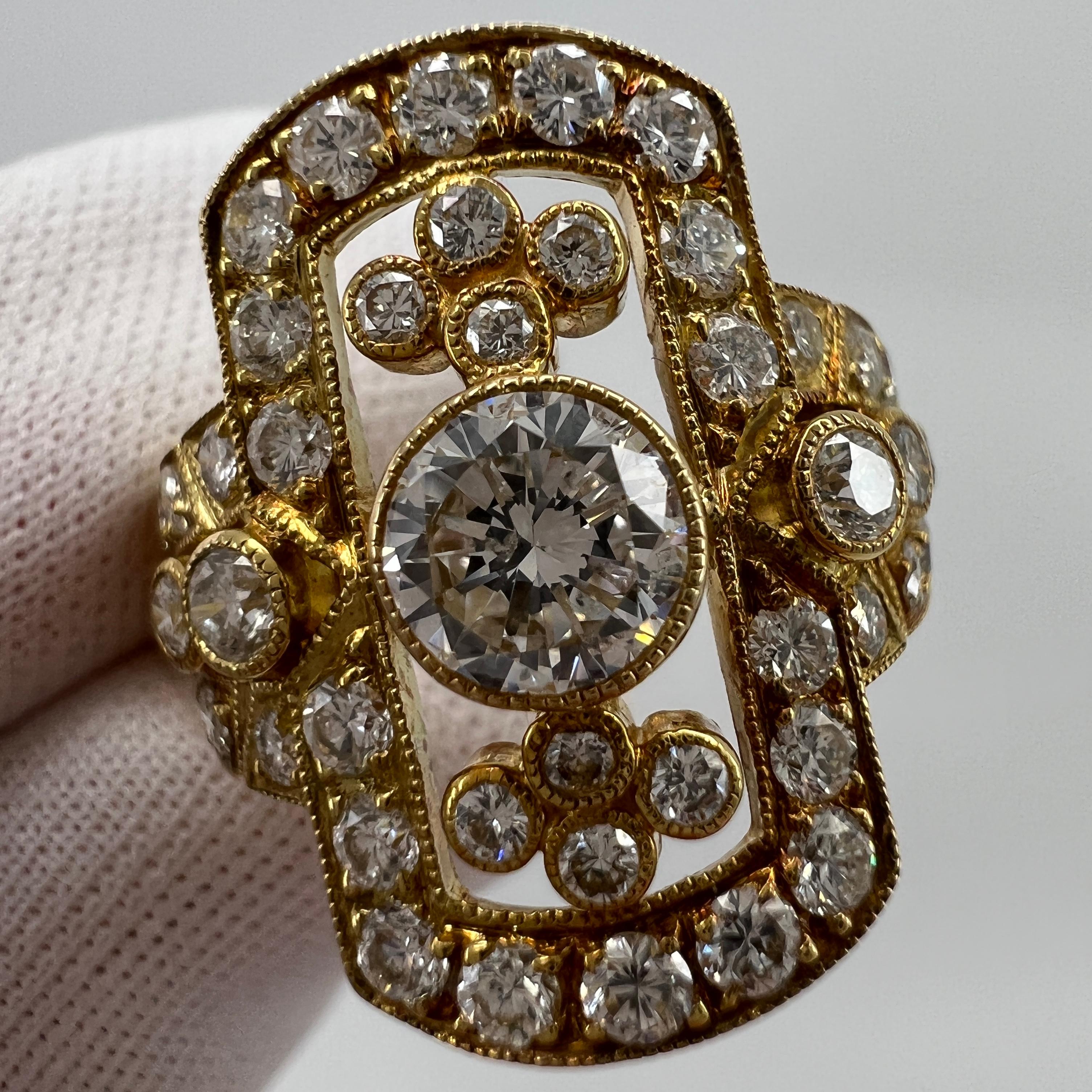 1.702ct Art Deco Vintage White Diamond Cluster Handmade 18k Yellow Gold Ring For Sale 1