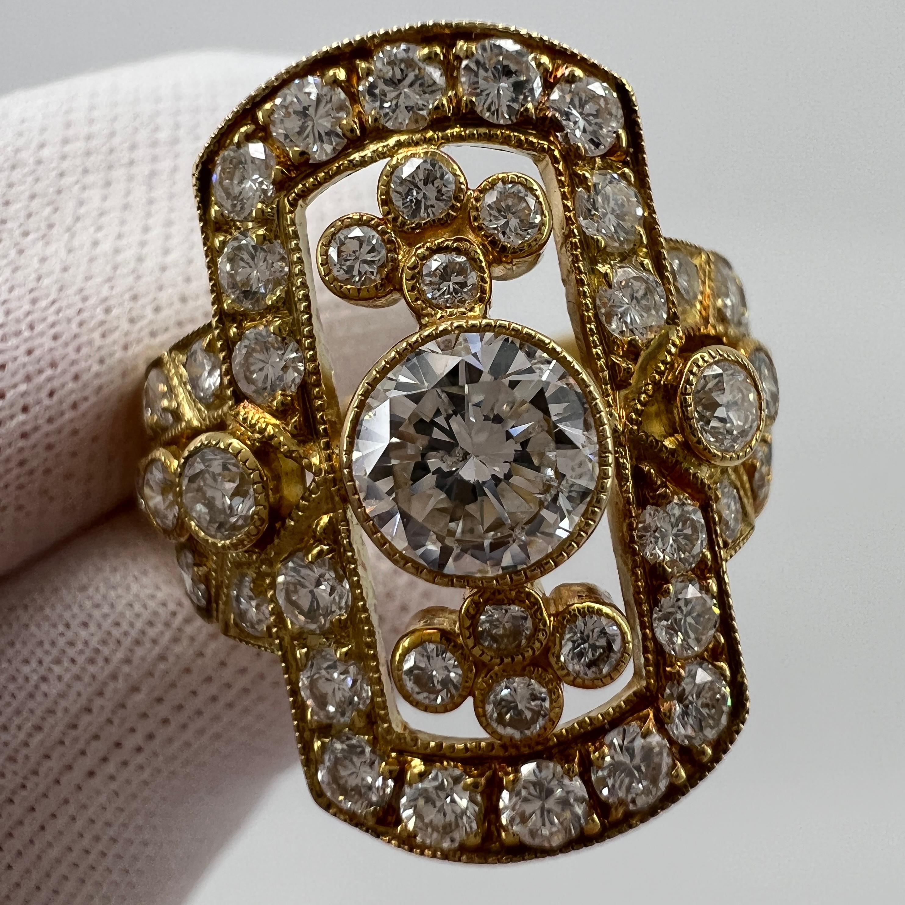 1.702ct Art Deco Vintage White Diamond Cluster Handmade 18k Yellow Gold Ring For Sale 3