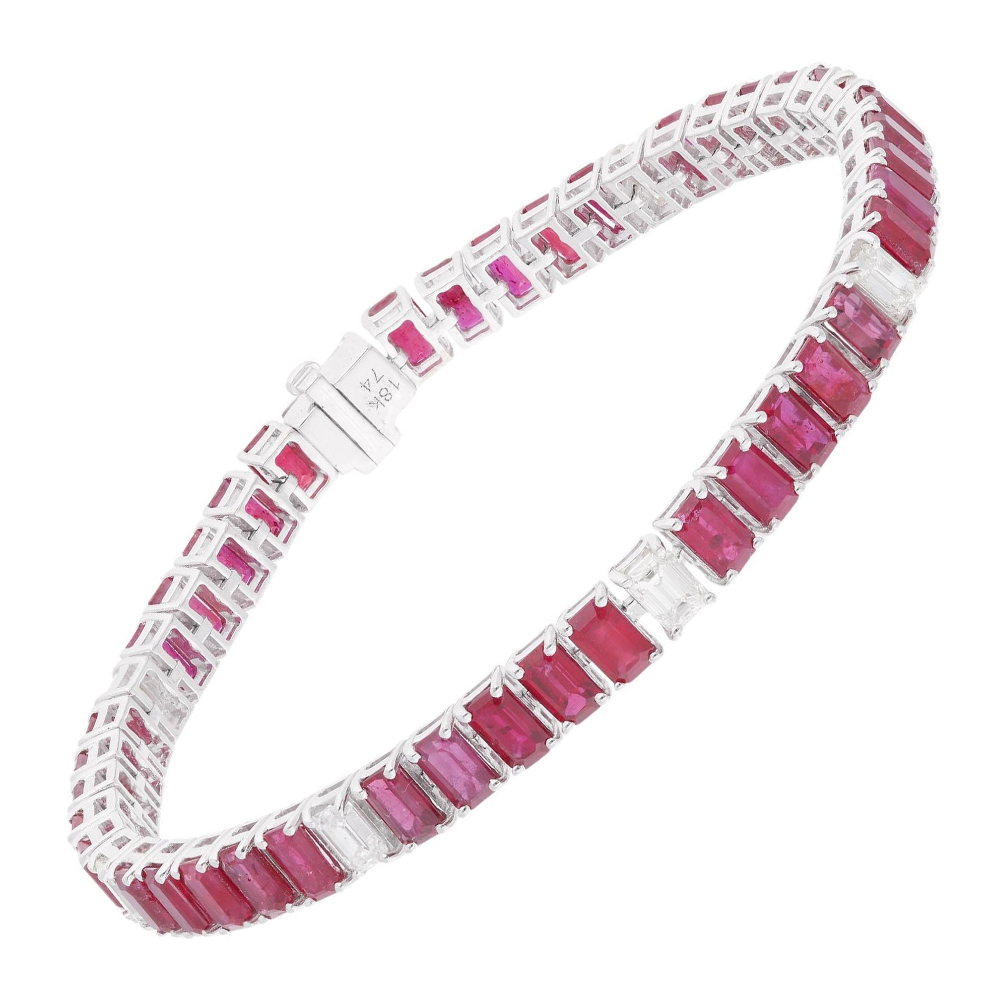 17.02TCW Emerald Cut Ruby and Diamond 18K White Gold Tennis Bracelet