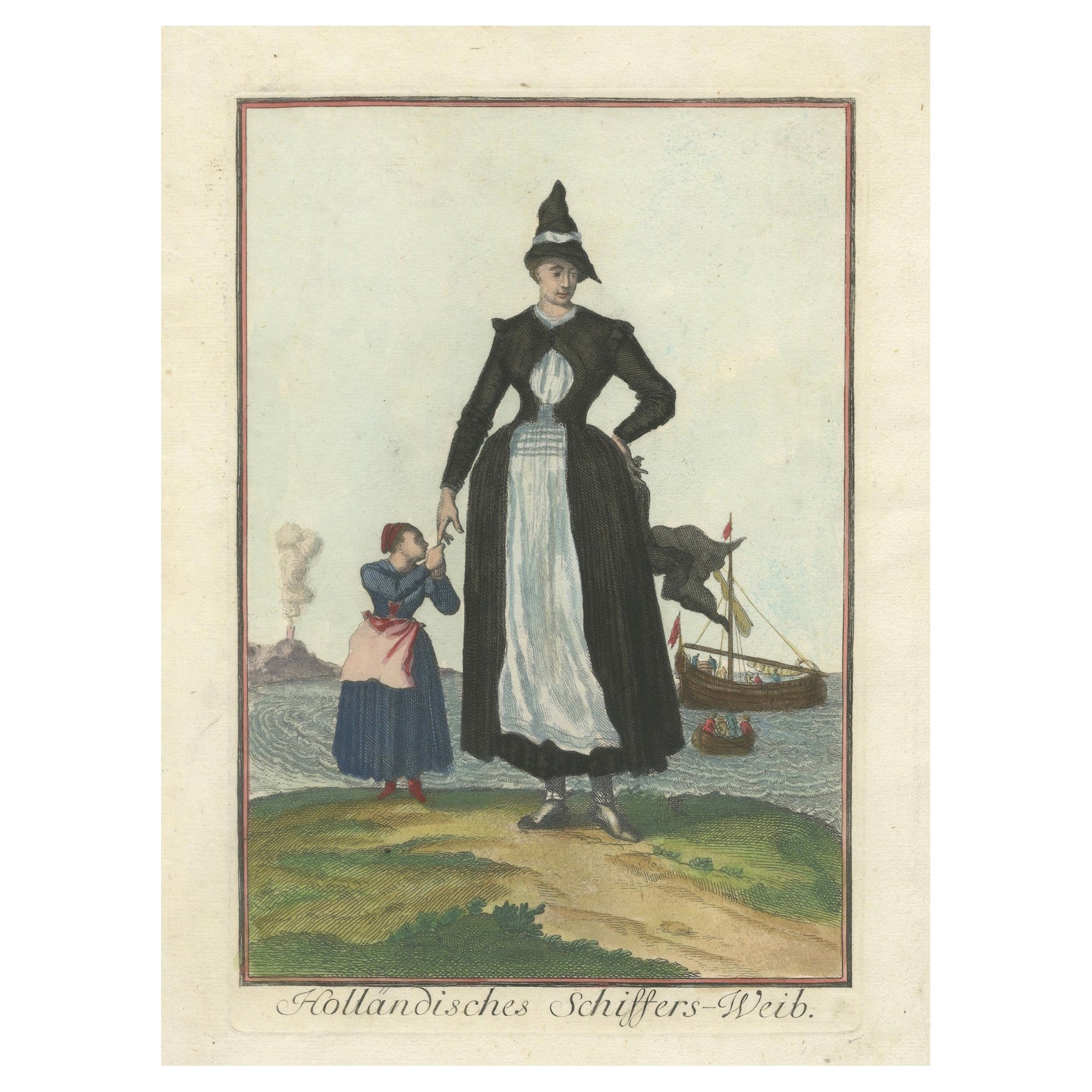 1703 Kupferstich einer niederländischen Seemannsfrau in Tracht im Angebot