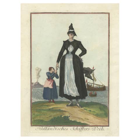 Copperplate Engraving of a Dutch Seaman’s Wife in Traditional Costume, 1703