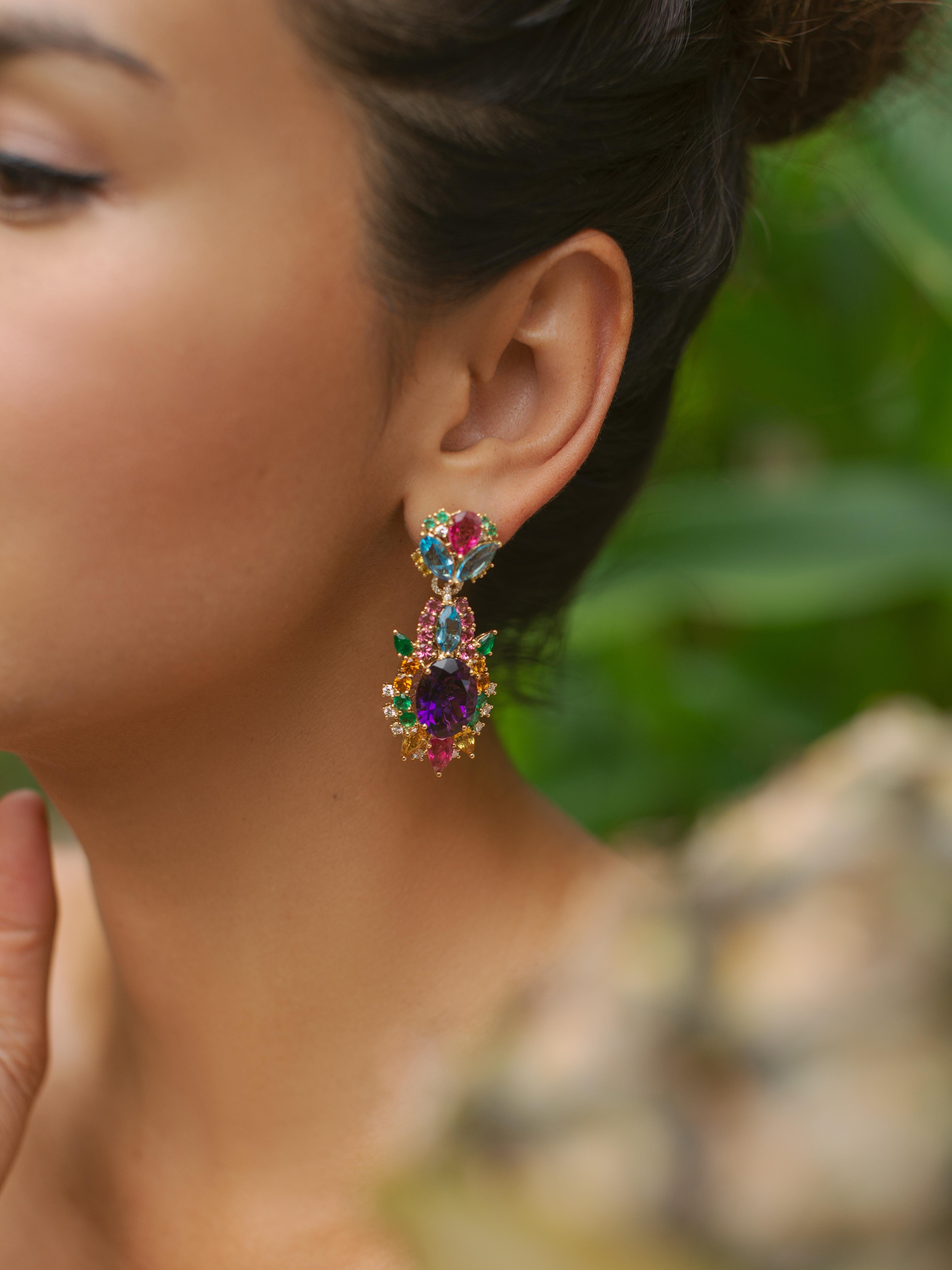 17.04 Carat Amethyst with Diamond, Emerald, Tourmaline Starburst Earrings For Sale 1