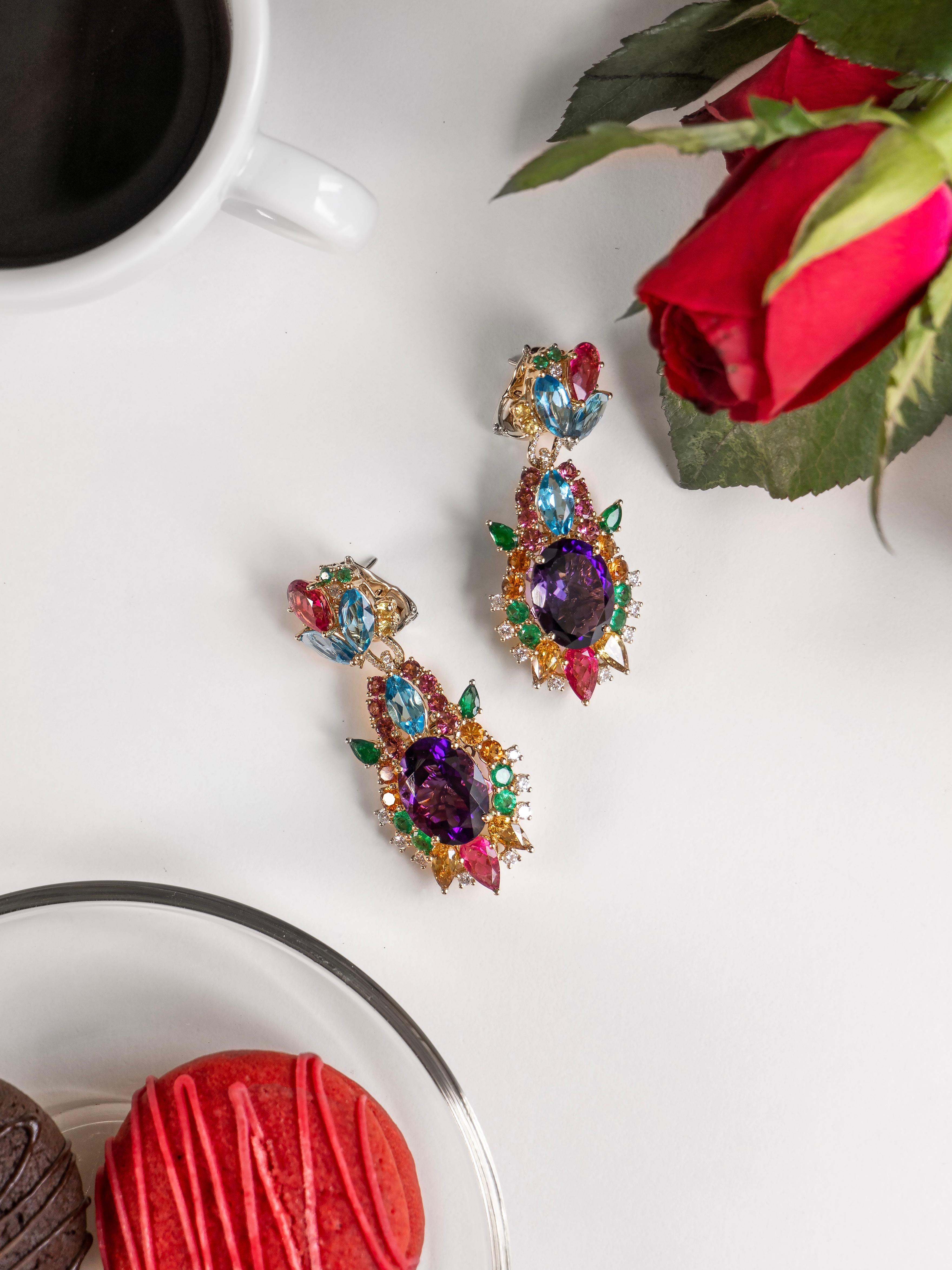 17.04 Carat Amethyst with Diamond, Emerald, Tourmaline Starburst Earrings For Sale 2