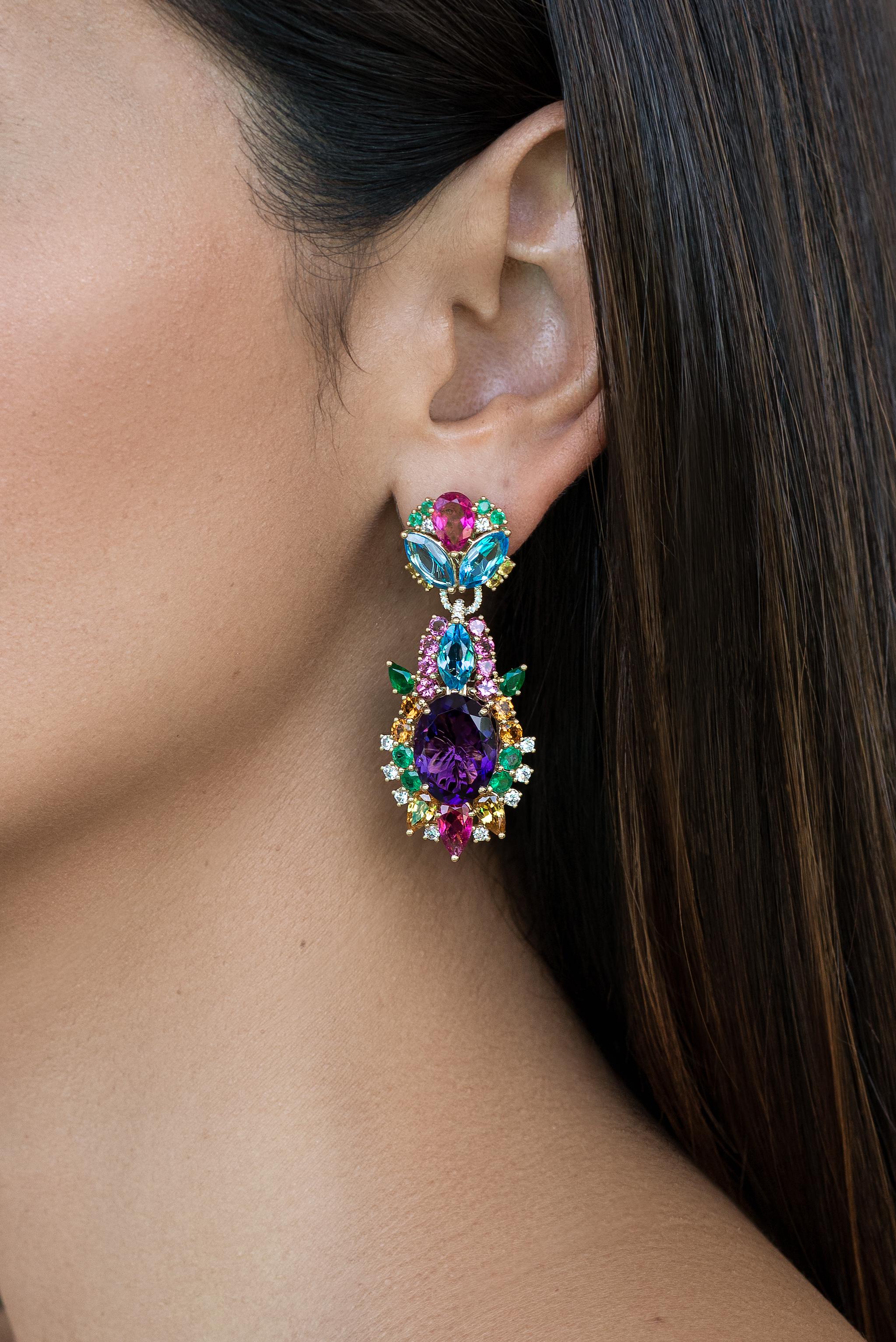 Modern 17.04 Carat Amethyst with Diamond, Emerald, Tourmaline Starburst Earrings For Sale