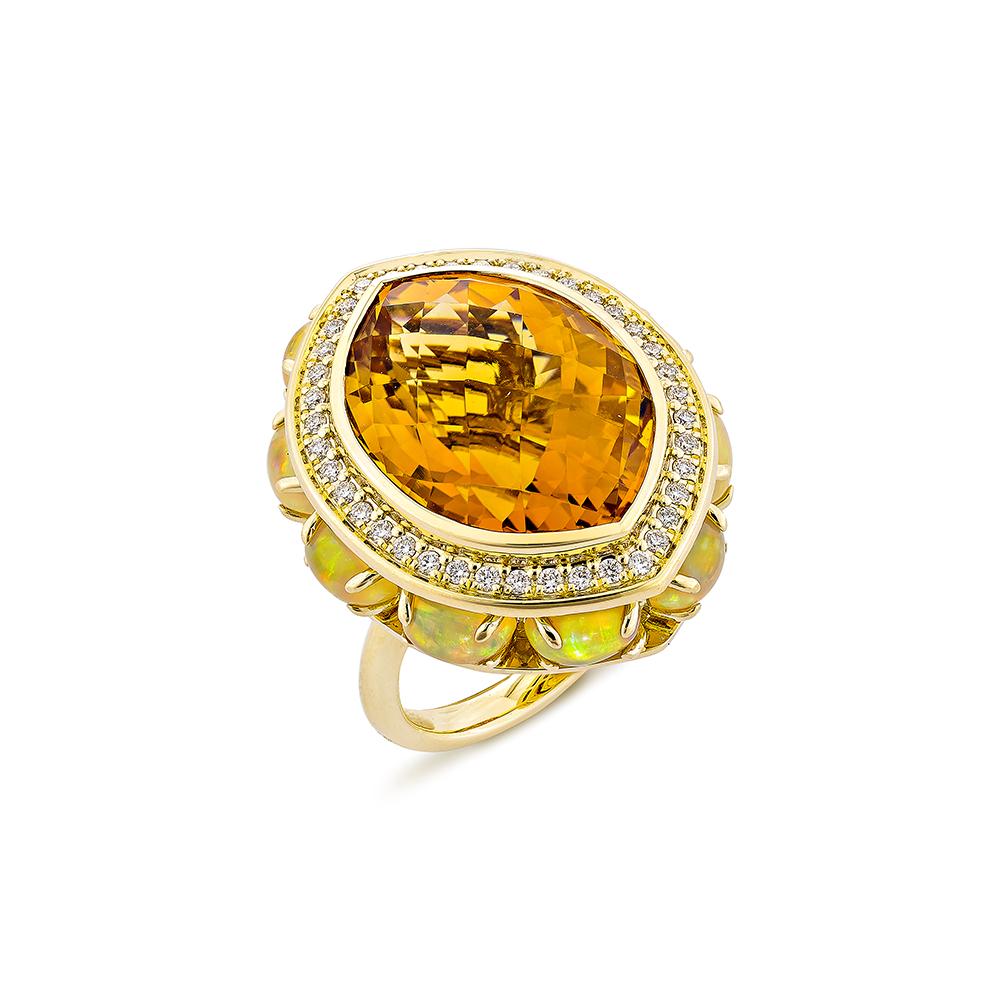 Contemporain Bague fantaisie en or 18 carats avec citrine de 17,04 carats, opale et diamant blanc.   en vente