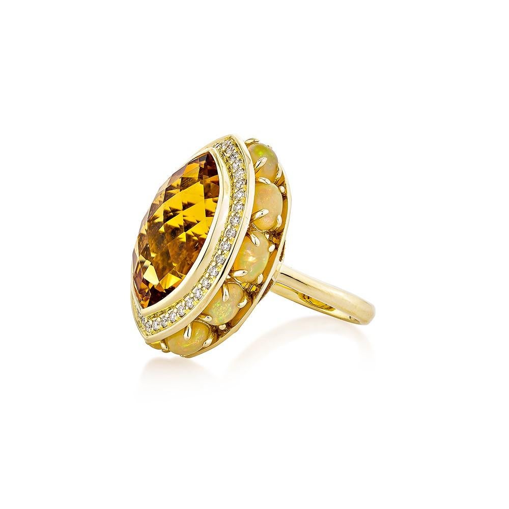 Contemporary 17.04 Carat Citrine Fancy Ring in 18KYG with Opal and White Diamond.   For Sale