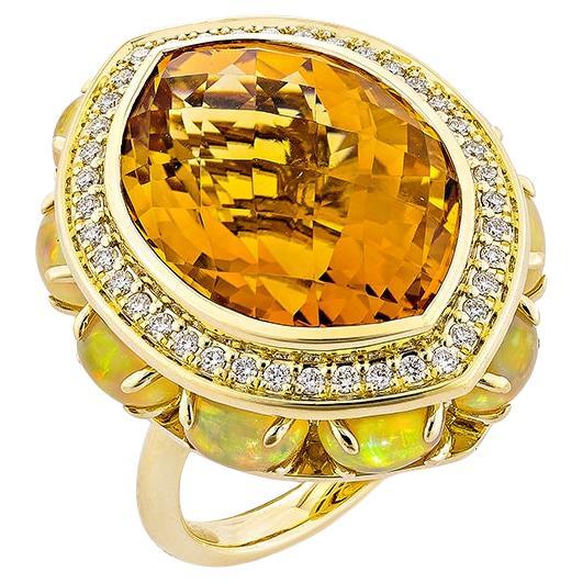 Bague fantaisie en or 18 carats avec citrine de 17,04 carats, opale et diamant blanc.  