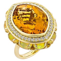 17.04 Carat Citrine Fancy Ring in 18KYG with Opal and White Diamond.  