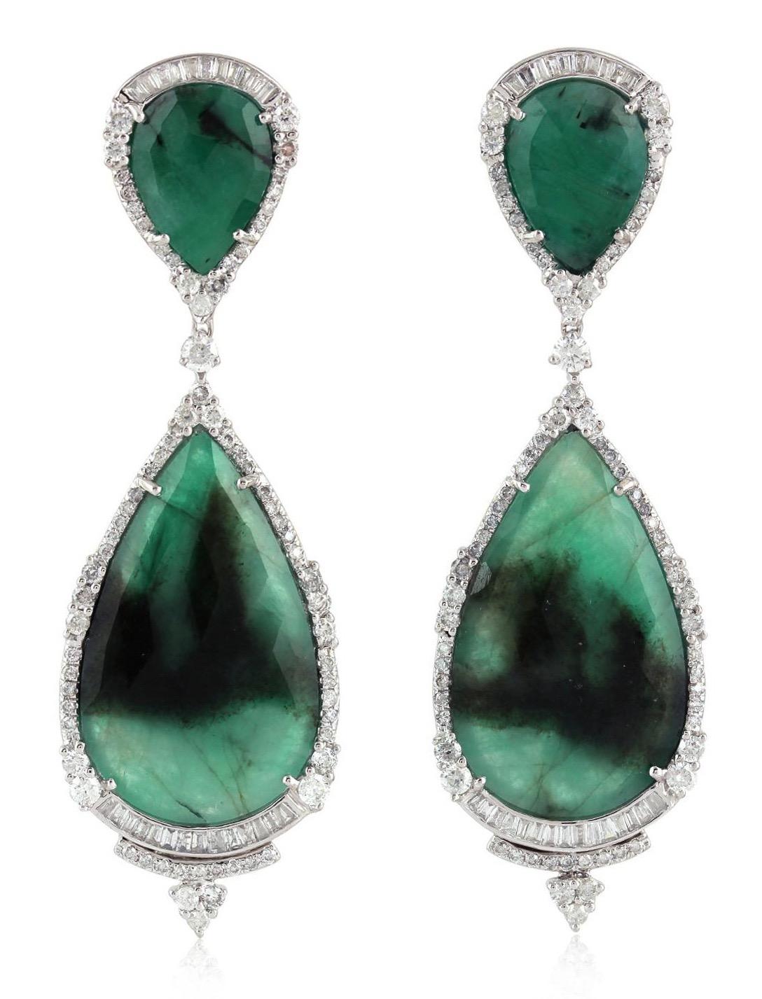 Pear Cut 17.05 Carat Emerald 18 Karat White Gold Diamond Earrings For Sale