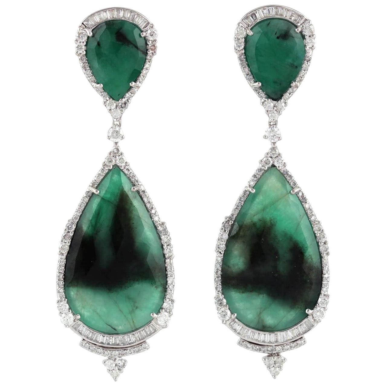 17.05 Carat Emerald 18 Karat White Gold Diamond Earrings