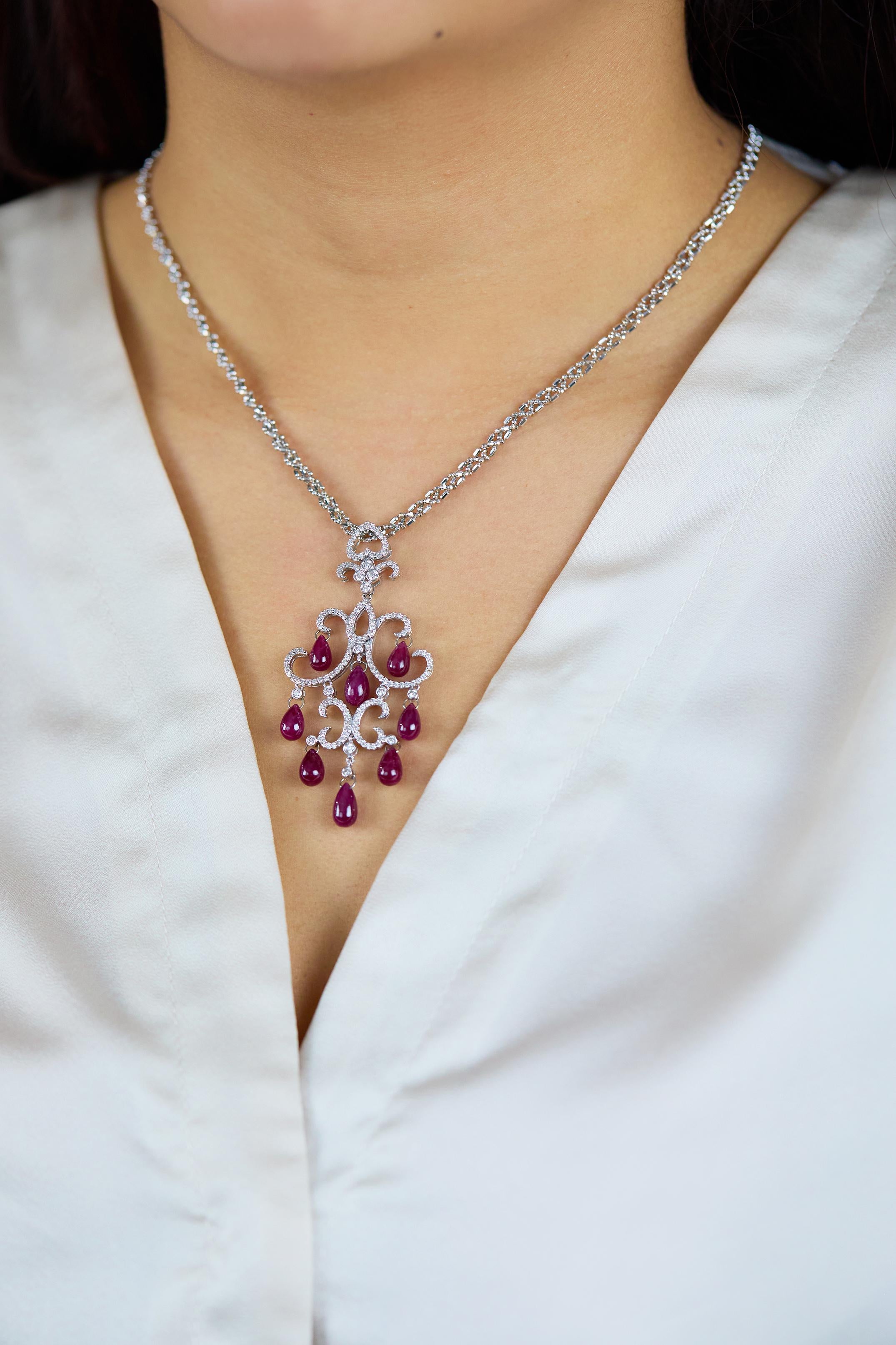 Women's 17.05 Carat Pear Shape Cabochon Ruby & Diamond Chandelier Necklace For Sale