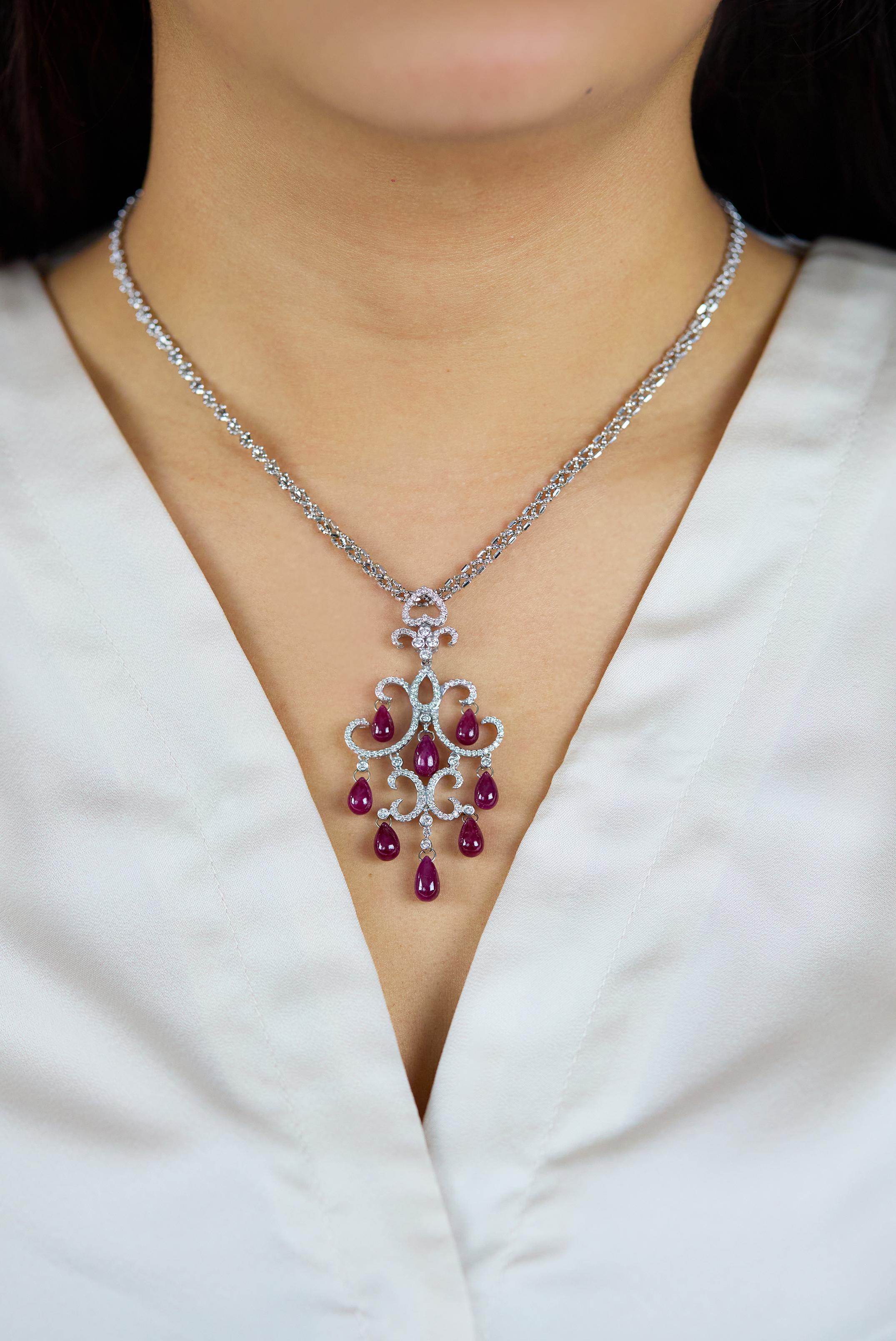 17.05 Carat Pear Shape Cabochon Ruby & Diamond Chandelier Necklace For Sale 1