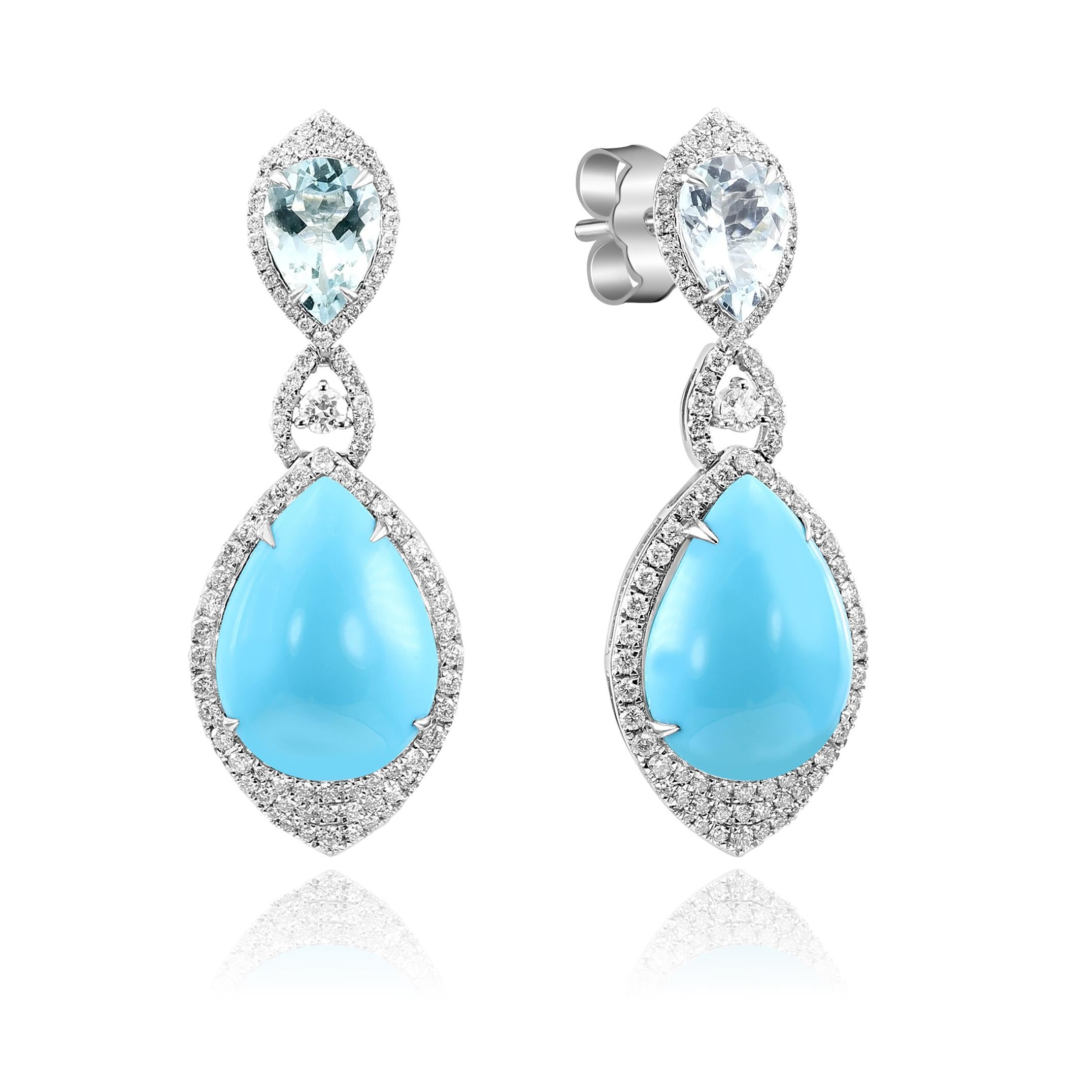 Fai una dichiarazione d'effetto con questi radiosi orecchini pendenti in oro bianco 18K, caratterizzati dalla vibrante bellezza del turchese naturale abbinata alla brillantezza dei diamanti. Progettata con cura per coloro che apprezzano un'eleganza