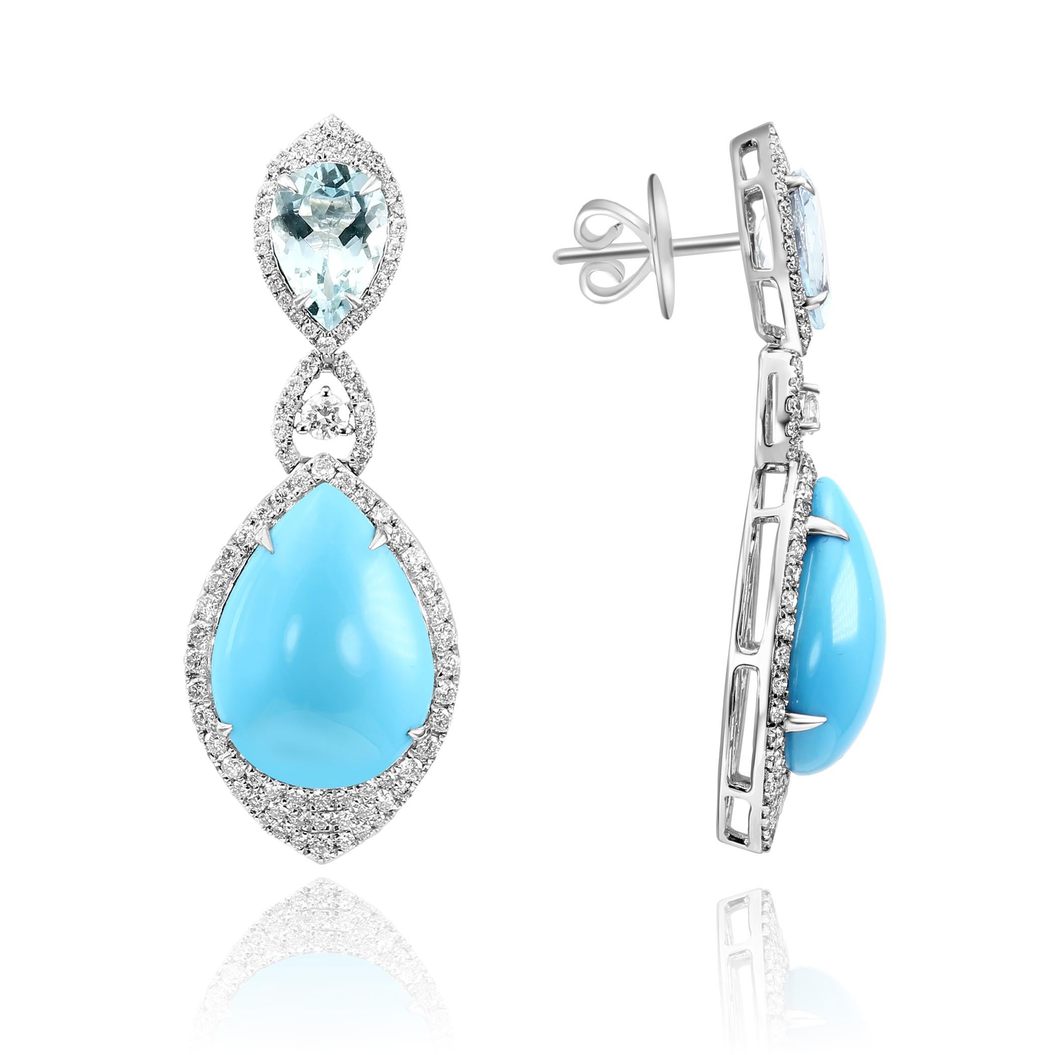 Moderno Orecchini con turchese cabochon da 17,05 carati, acquamarina da 2,96 carati e diamanti in oro 18 carati in vendita