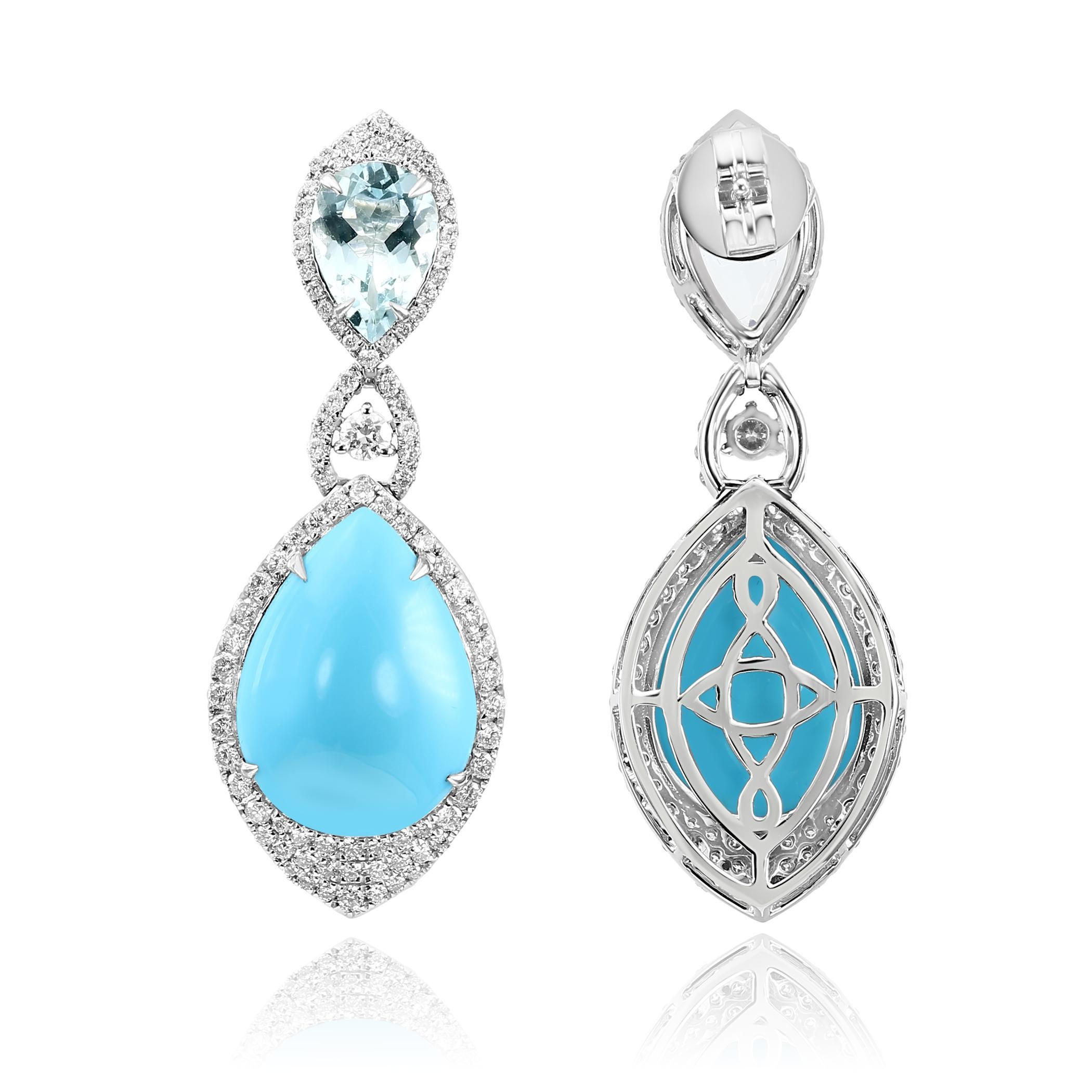 Taglio a goccia Orecchini con turchese cabochon da 17,05 carati, acquamarina da 2,96 carati e diamanti in oro 18 carati in vendita