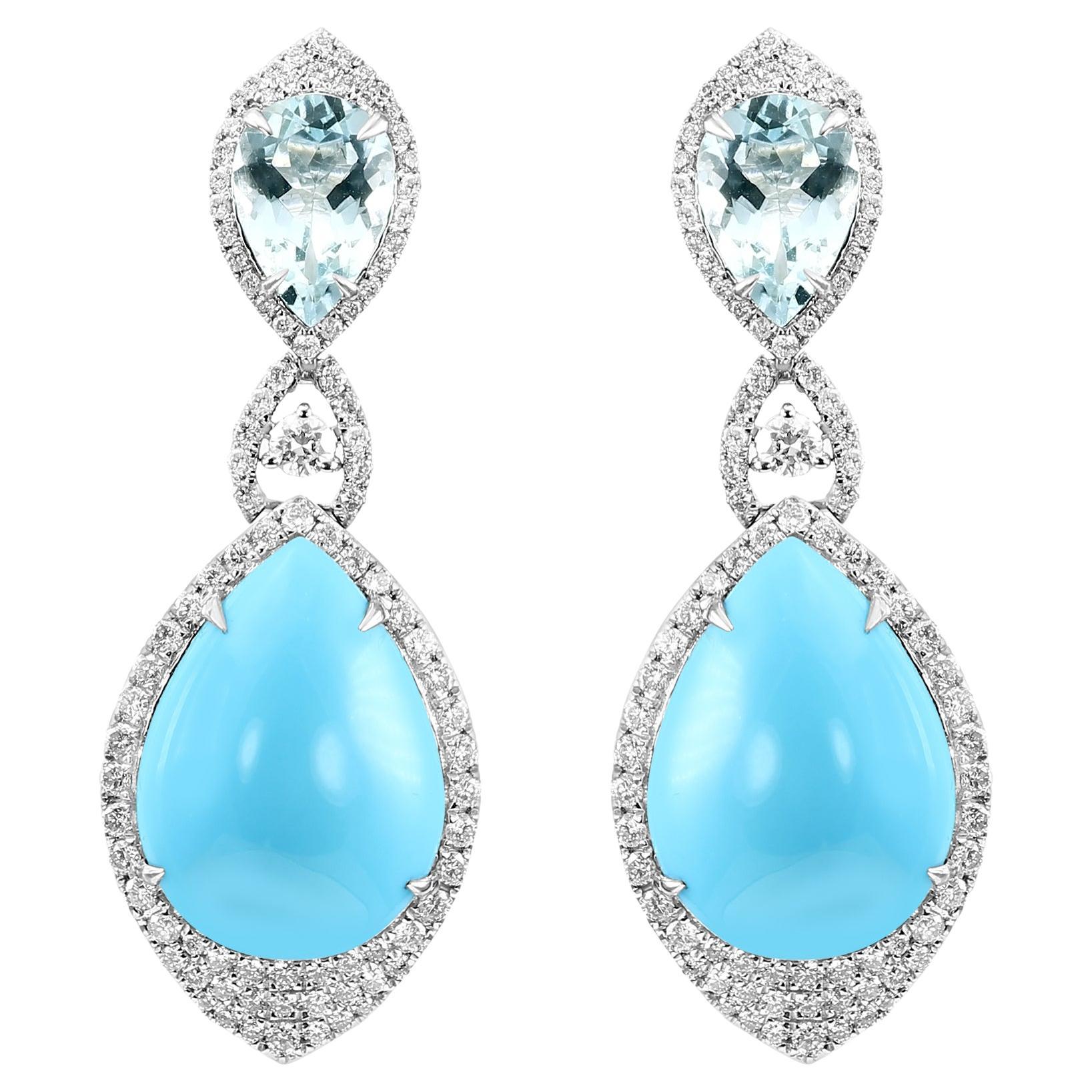 17.05 Ct Cabochon Turquoise, 2.96 Ct Aquamarine, & Diamond 18K Gold Earrings