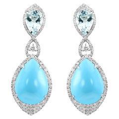 17.05 Ct Cabochon Turquoise, 2.96 Ct Aquamarine, & Diamond 18K Gold Earrings