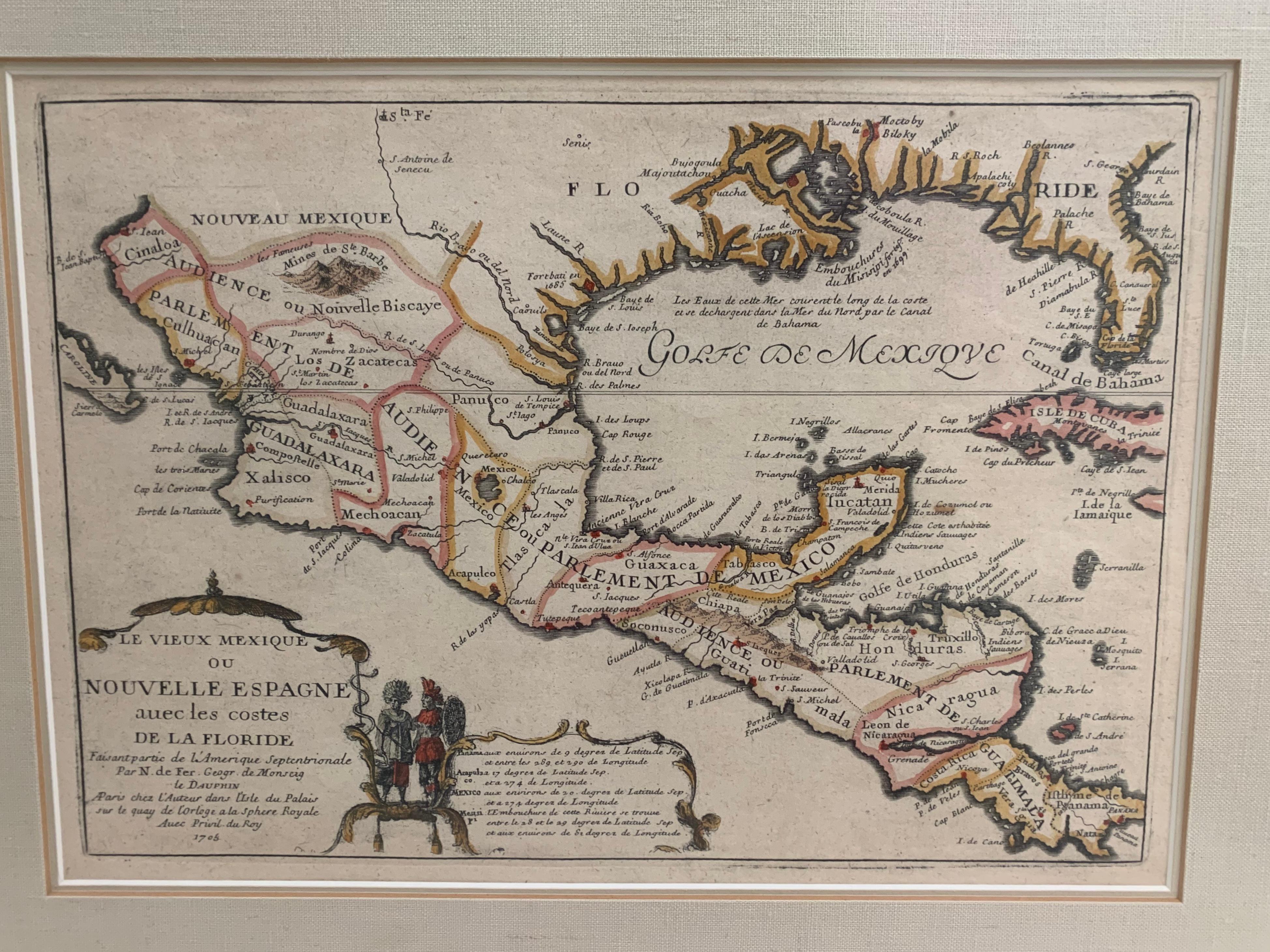 Carte encadrée du Golfe du Mexique et de la Floride 1705 en vente 4