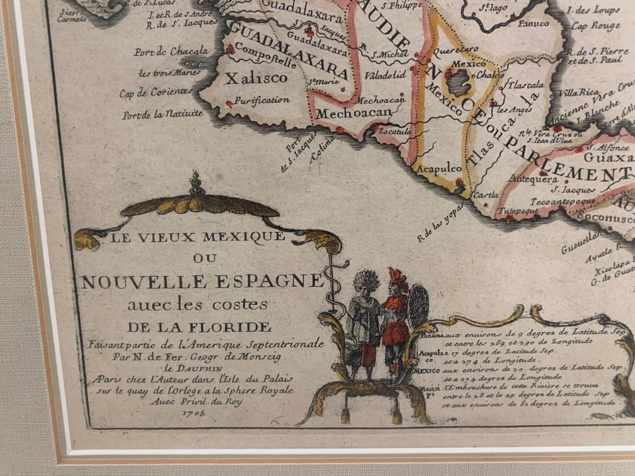 Colonial espagnol Carte encadrée du Golfe du Mexique et de la Floride 1705 en vente