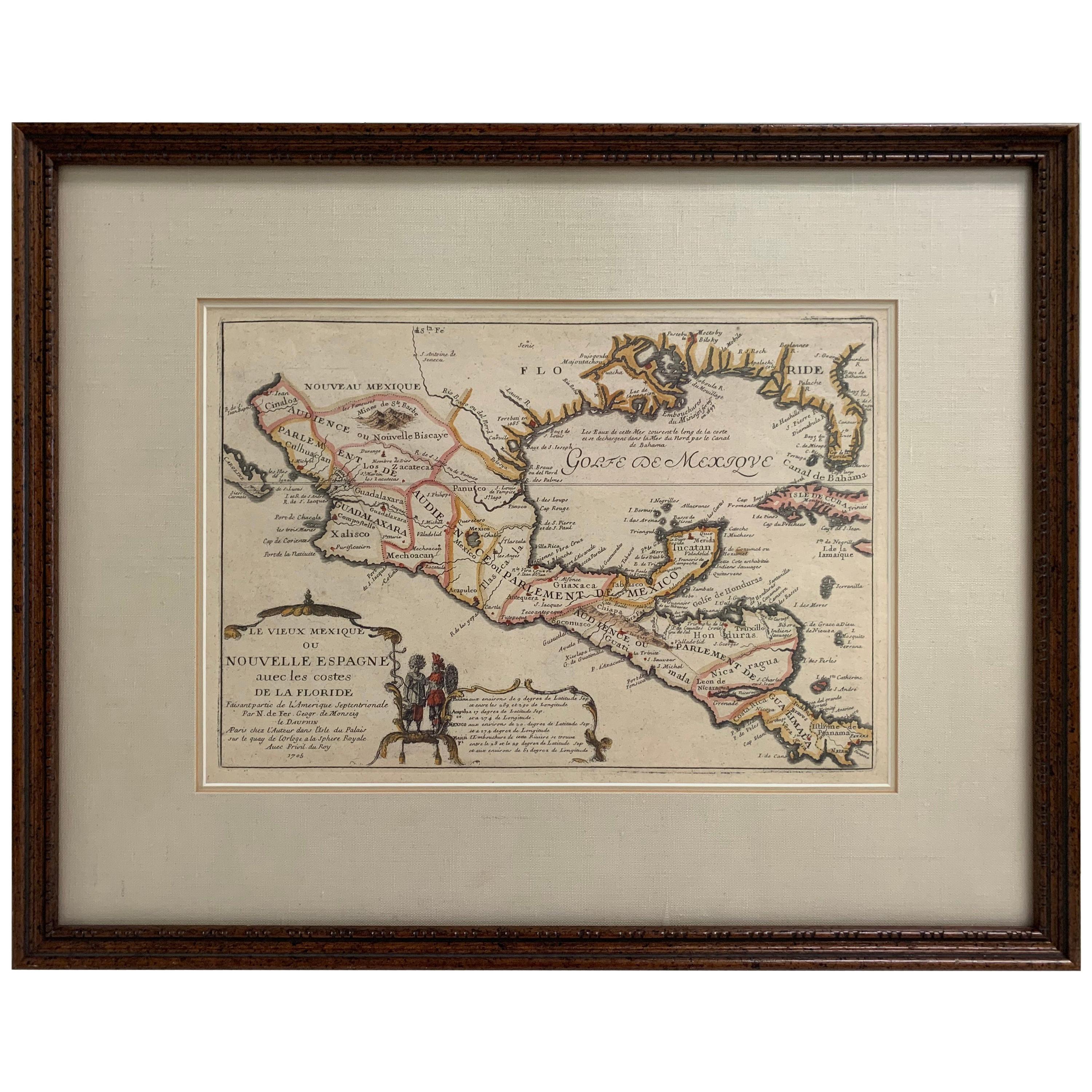Carte encadrée du Golfe du Mexique et de la Floride 1705 en vente