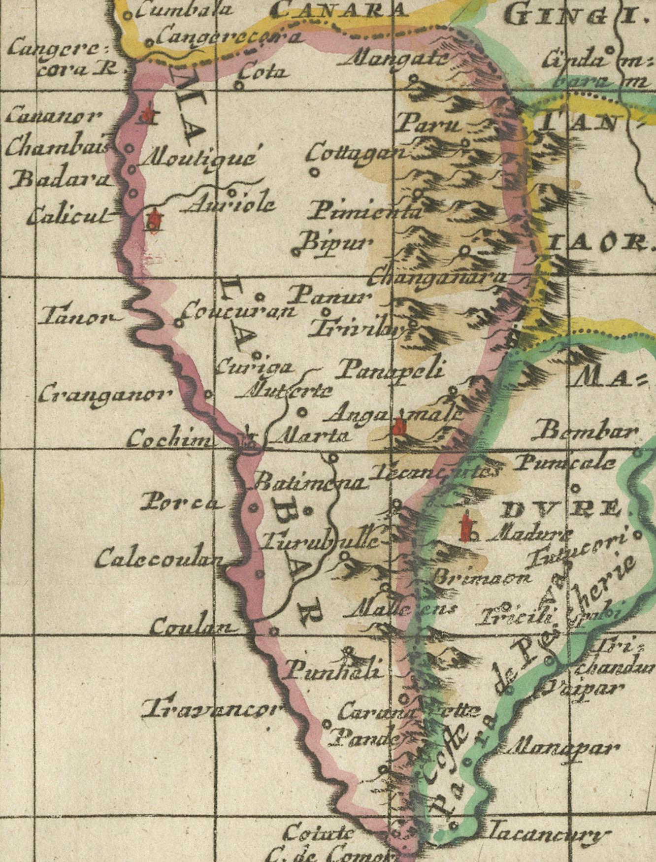 Title: 1705 Sanson Map of Southern India and Malabar with an Inset Map  

Description: This finely engraved and beautifully hand-colored antique map, published in 1705, depicts southern India, including the regions of Decan, Golconda, Bisnagar, and