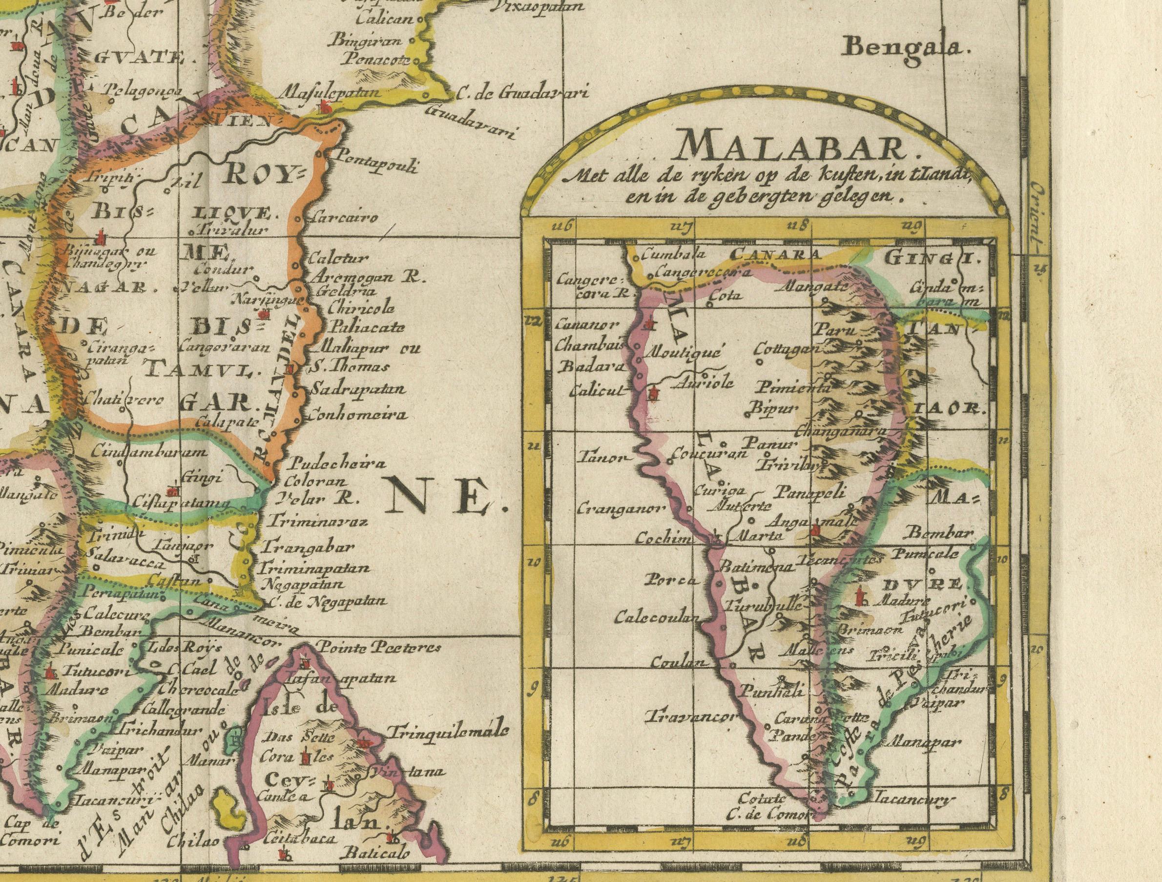 Engraved 1705 Sanson Map of Southern India and Malabar with an Inset Map For Sale