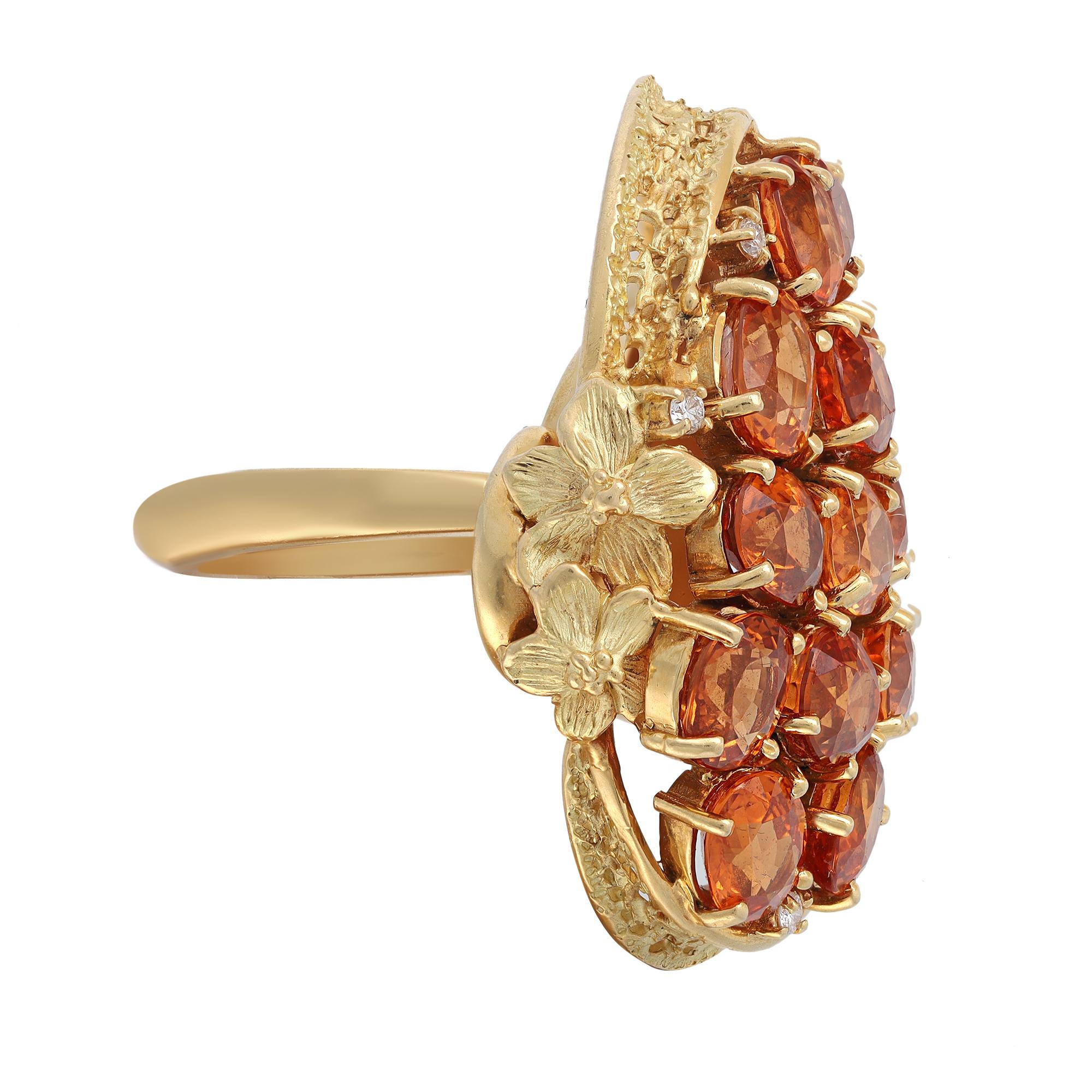 Oval Cut 17.05Cttw Golden Orange Sapphires & Diamond Large Cocktail Ring 18K Yellow Gold For Sale