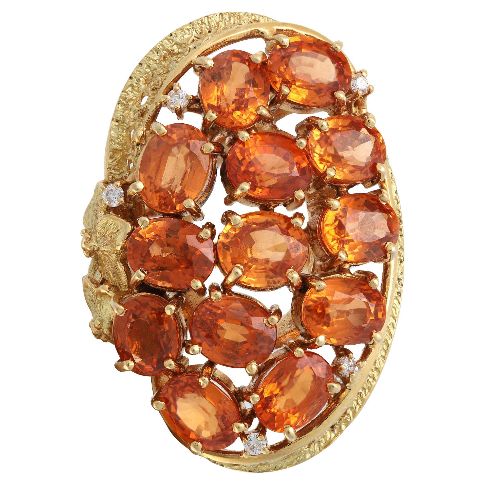 17.05Cttw Golden Orange Sapphires & Diamond Large Cocktail Ring 18K Yellow Gold For Sale