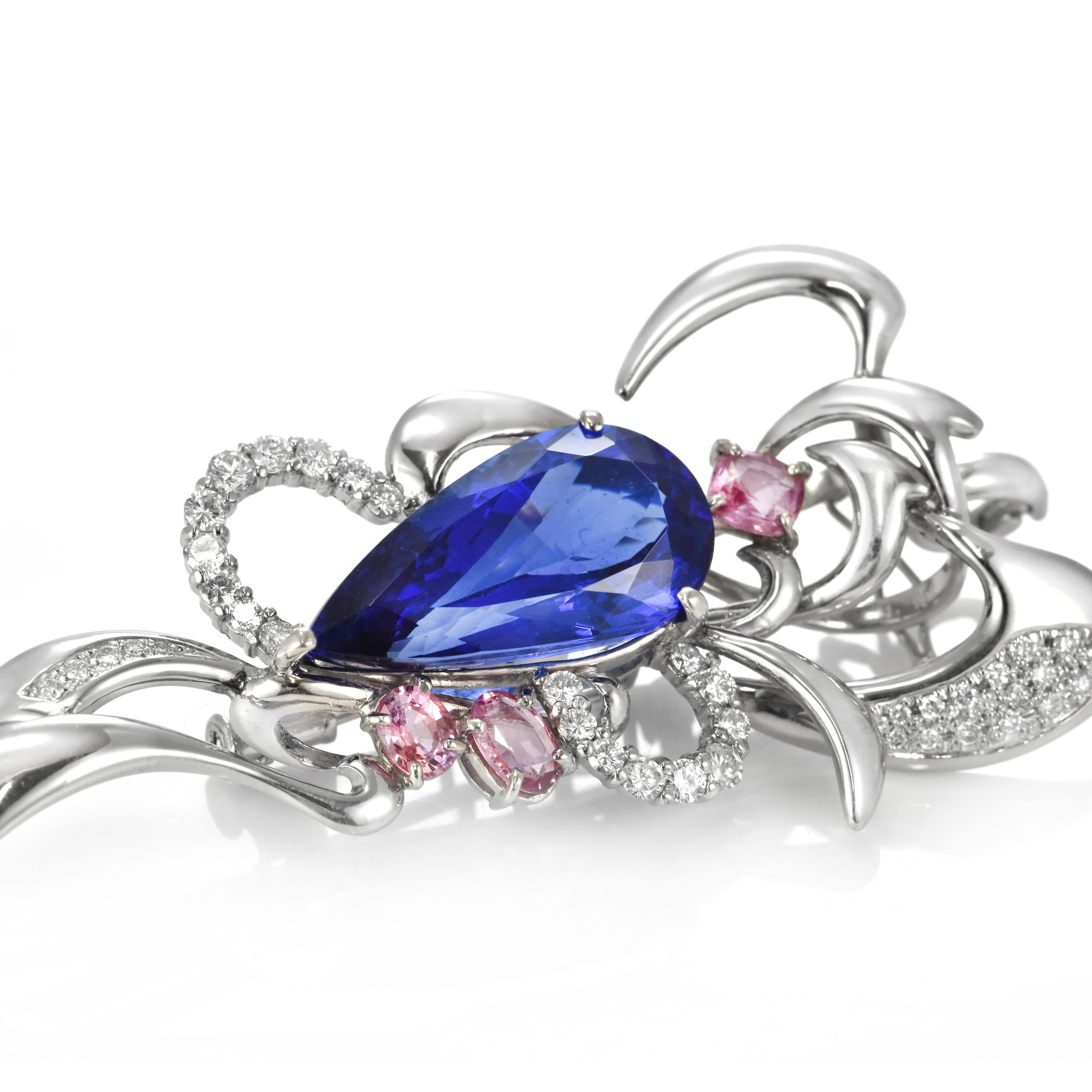 17.06 Carat Tanzanite, Pink Sapphire and Diamond Brooch Made in Platinum For Sale 4