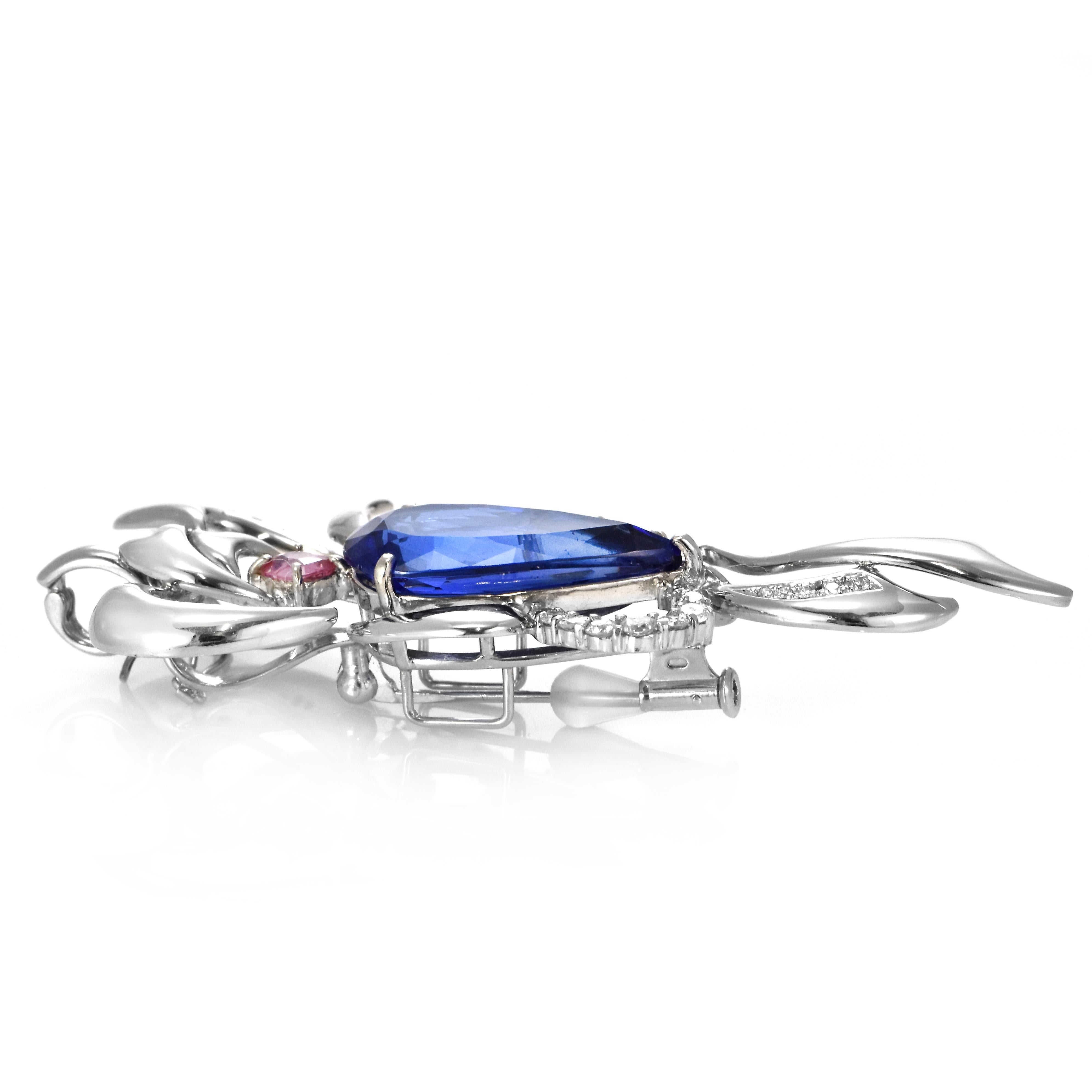 17.06 Carat Tanzanite, Pink Sapphire and Diamond Brooch Made in Platinum For Sale 6