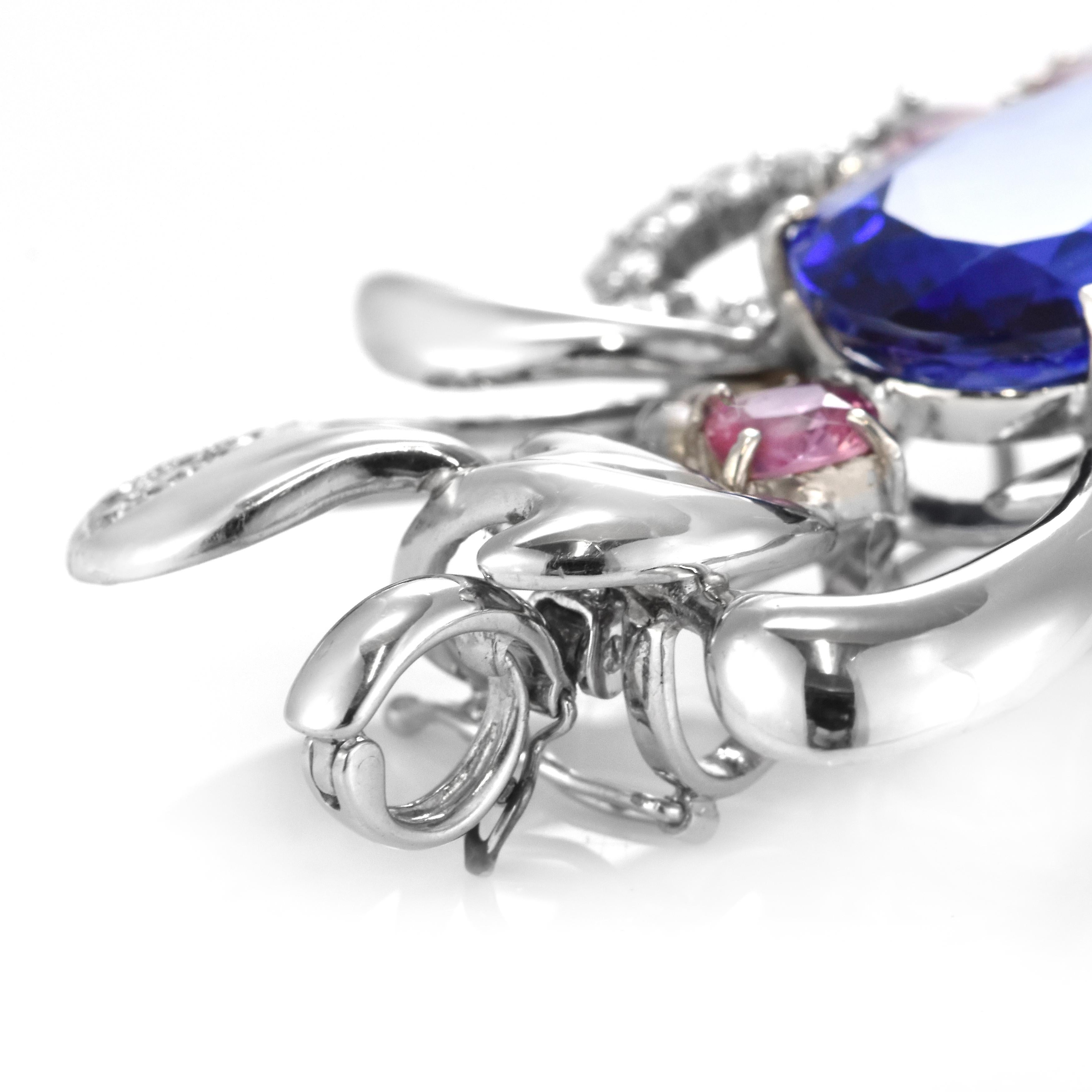 17.06 Carat Tanzanite, Pink Sapphire and Diamond Brooch Made in Platinum For Sale 7
