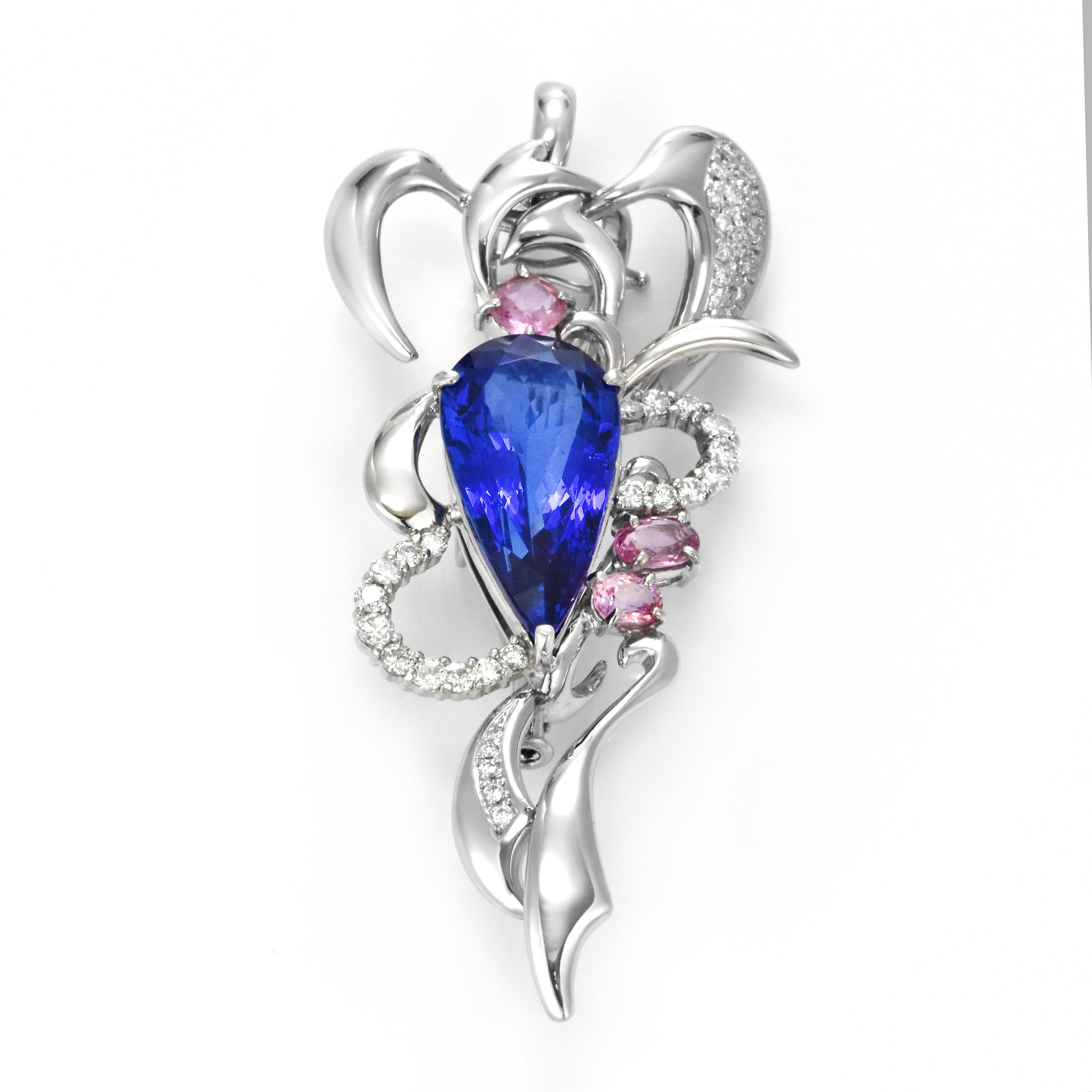 Modern 17.06 Carat Tanzanite, Pink Sapphire and Diamond Brooch Made in Platinum For Sale
