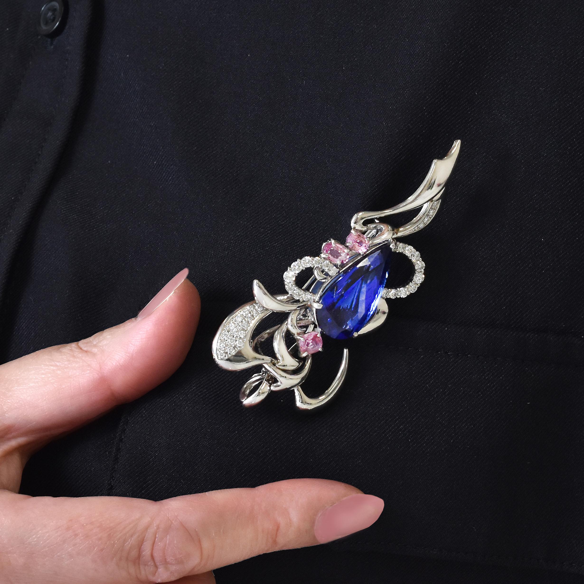 Pear Cut 17.06 Carat Tanzanite, Pink Sapphire and Diamond Brooch Made in Platinum For Sale