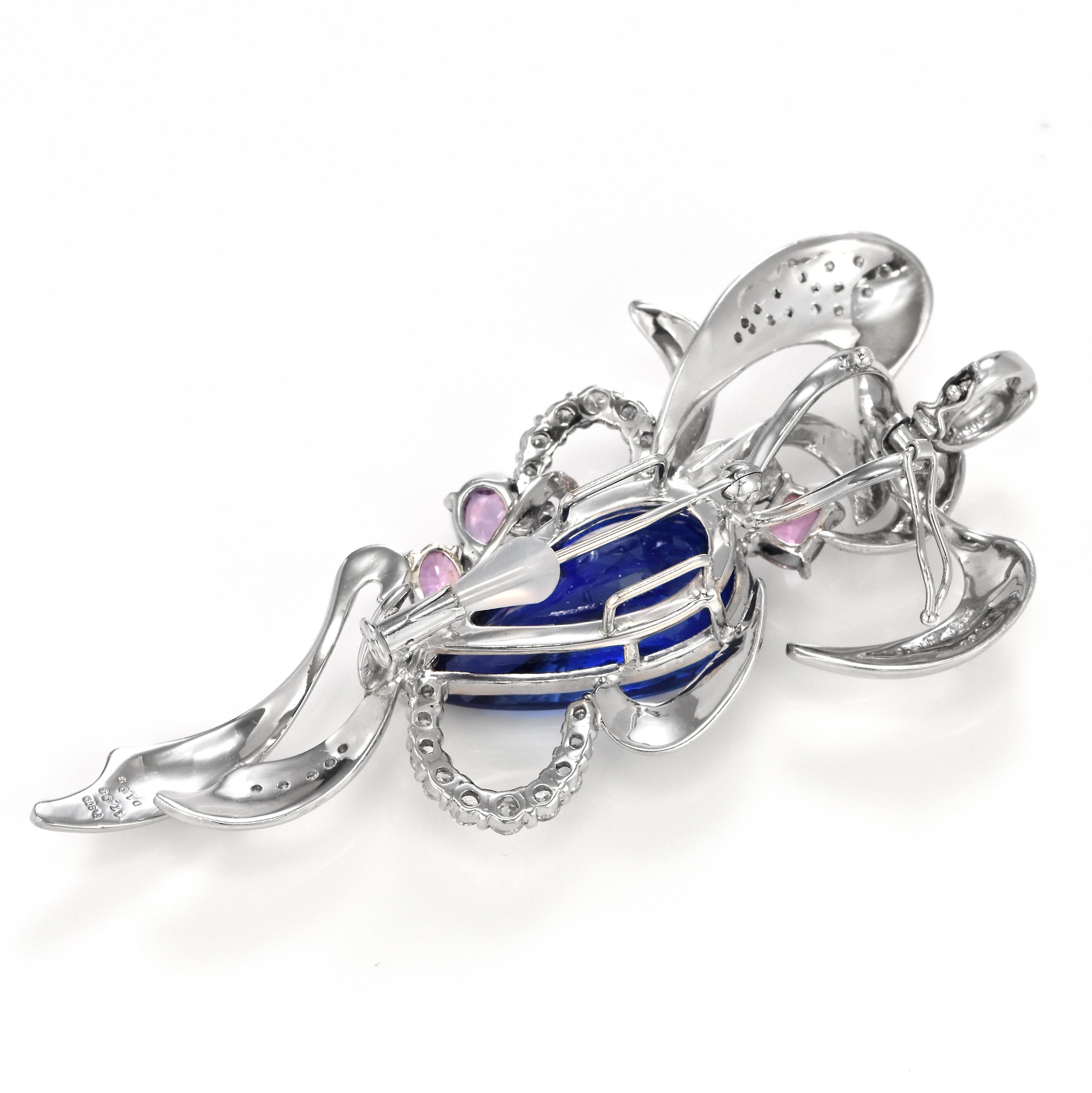 17.06 Carat Tanzanite, Pink Sapphire and Diamond Brooch Made in Platinum In Excellent Condition For Sale In Tokyo, JP