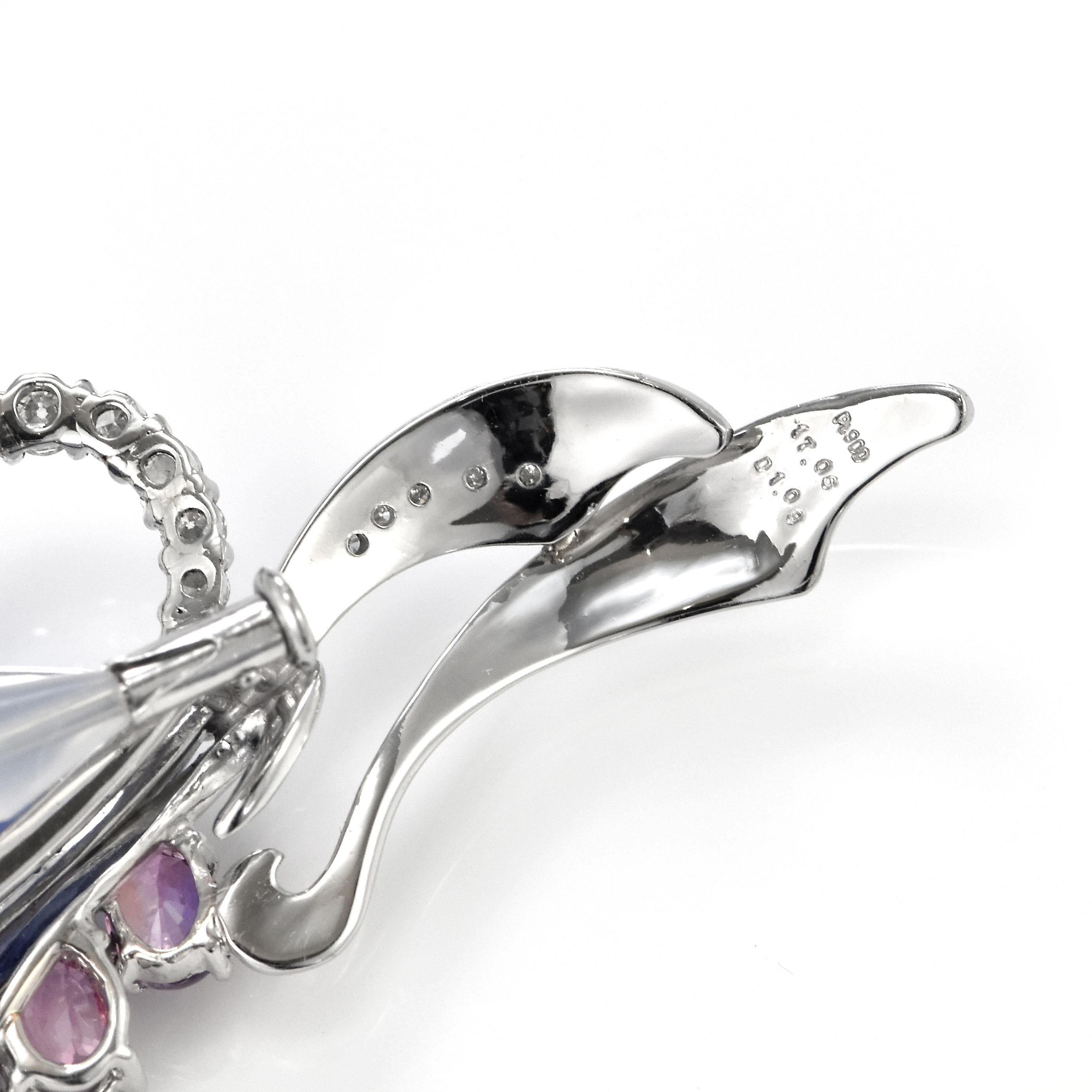 Women's 17.06 Carat Tanzanite, Pink Sapphire and Diamond Brooch Made in Platinum For Sale