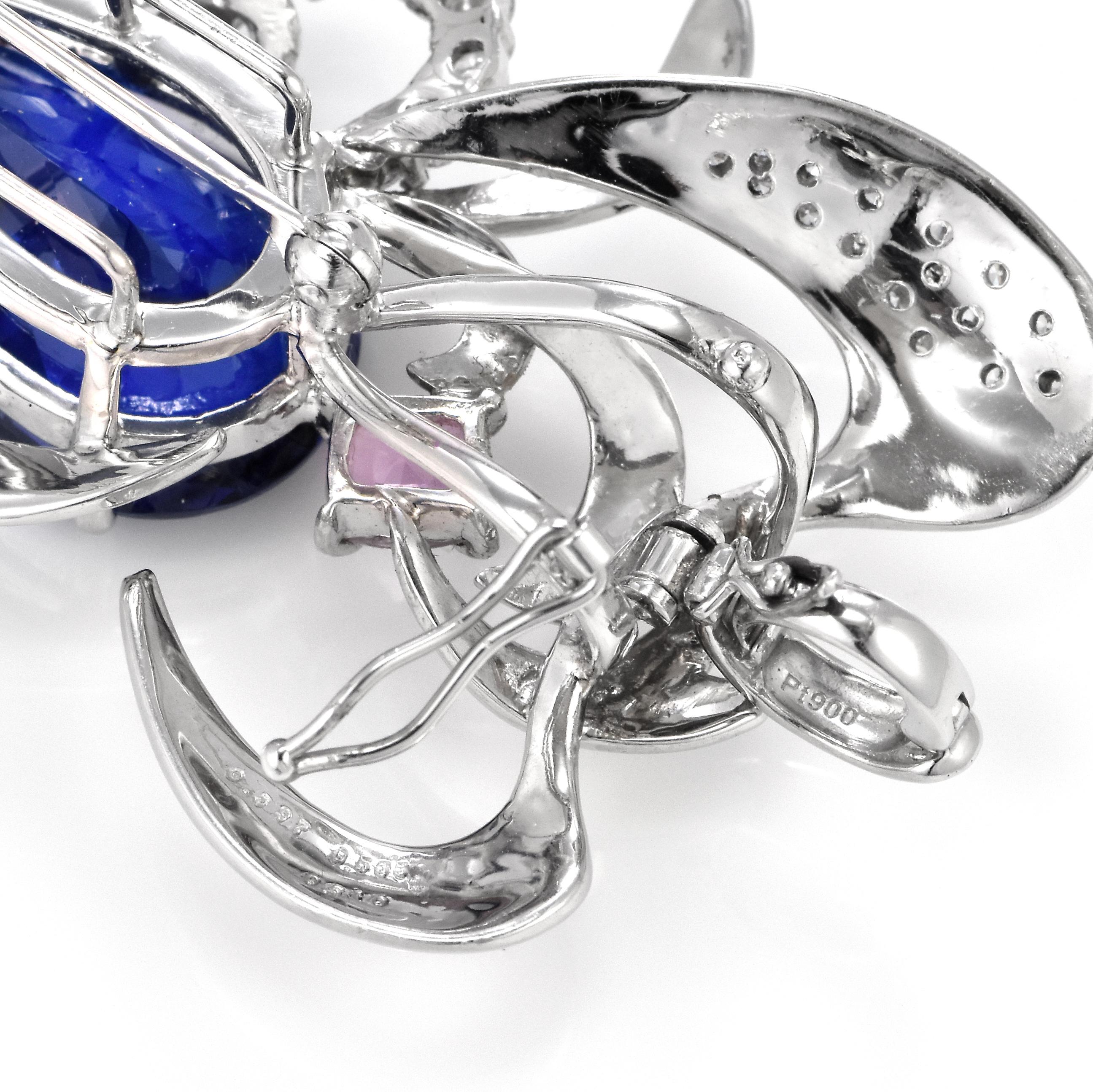 17.06 Carat Tanzanite, Pink Sapphire and Diamond Brooch Made in Platinum For Sale 1