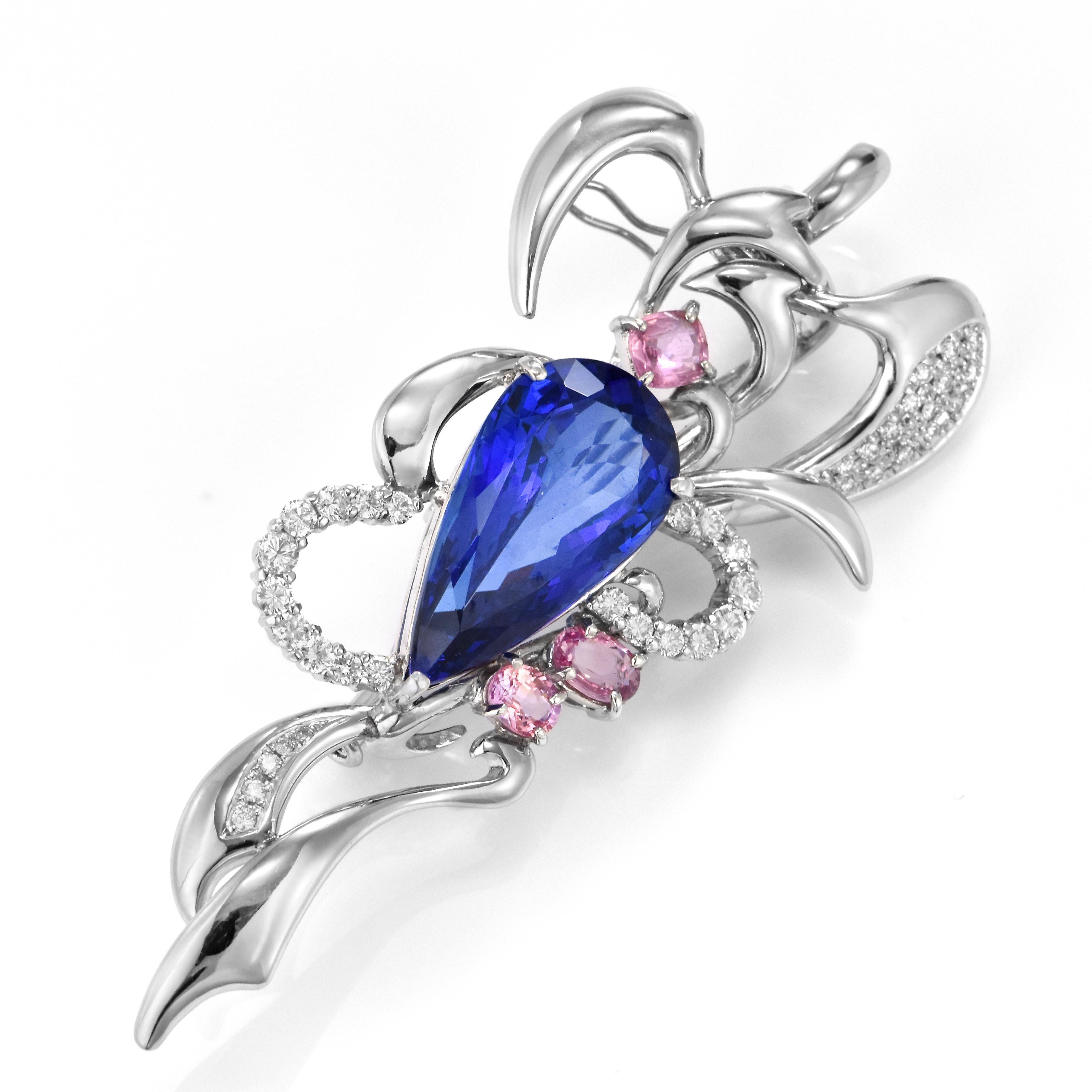 17.06 Carat Tanzanite, Pink Sapphire and Diamond Brooch Made in Platinum For Sale 2